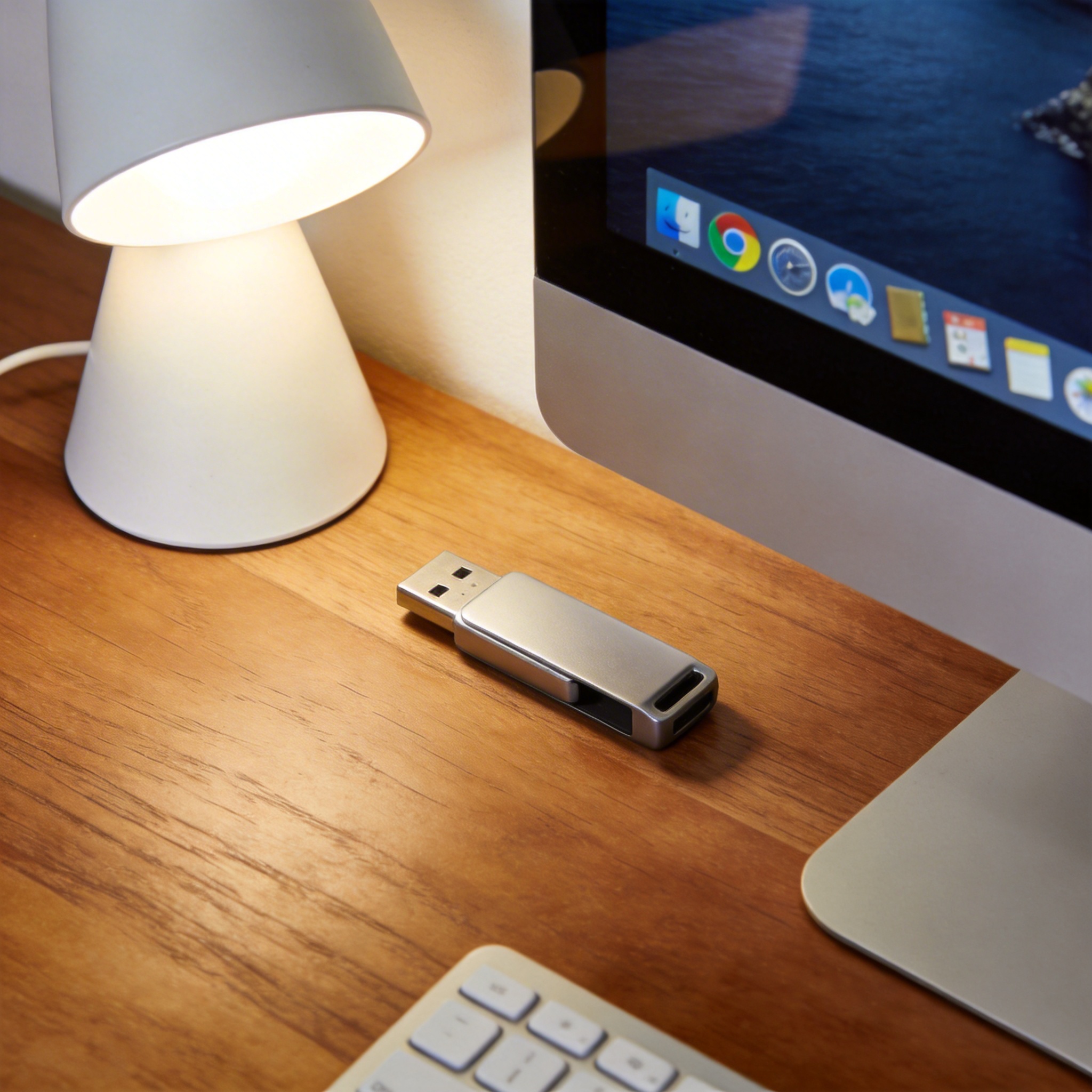 电脑桌上的U盘，屏幕显示Chrome桌面，旁边放着台灯