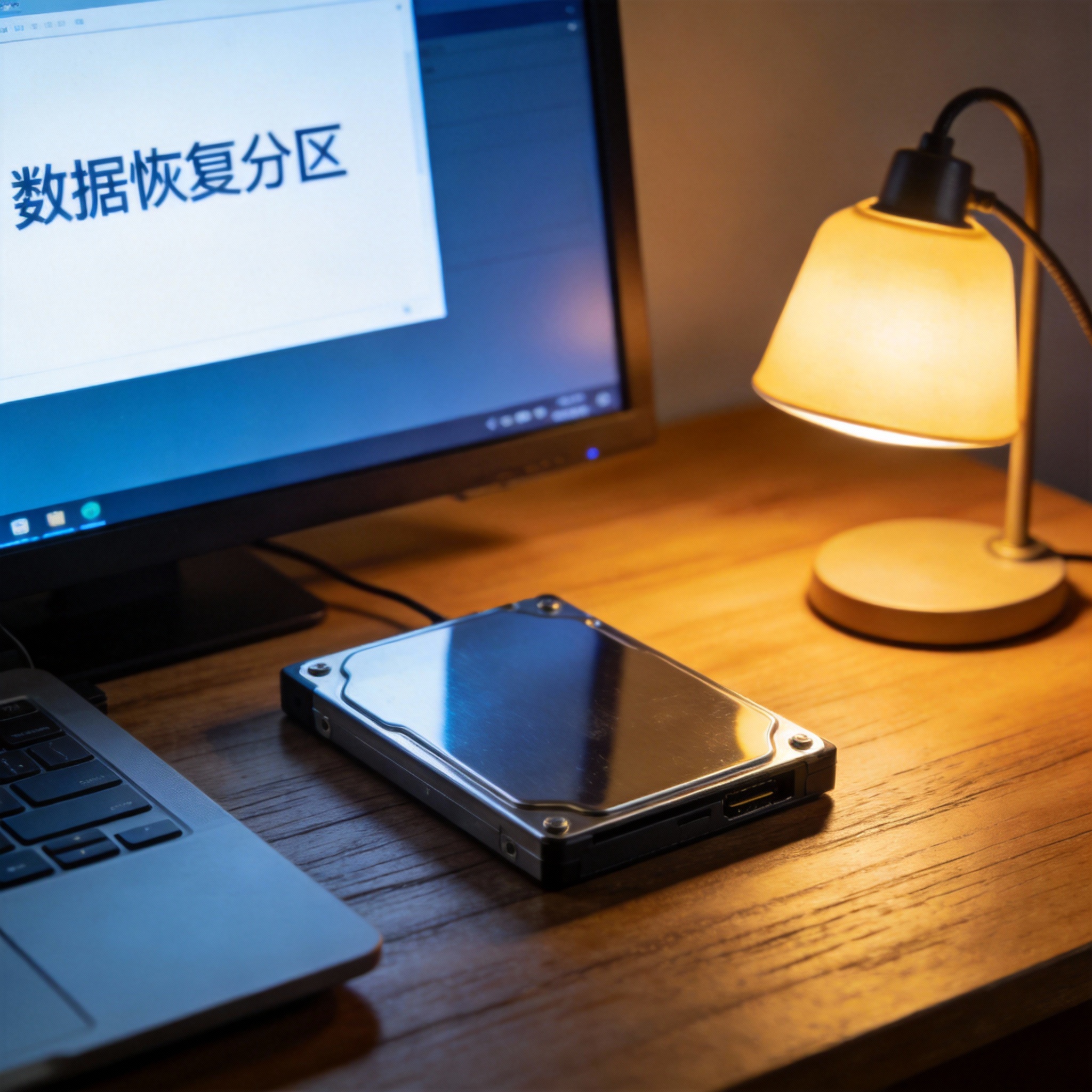 电脑桌上的移动硬盘，屏幕显示数据恢复分区，旁边放着台灯