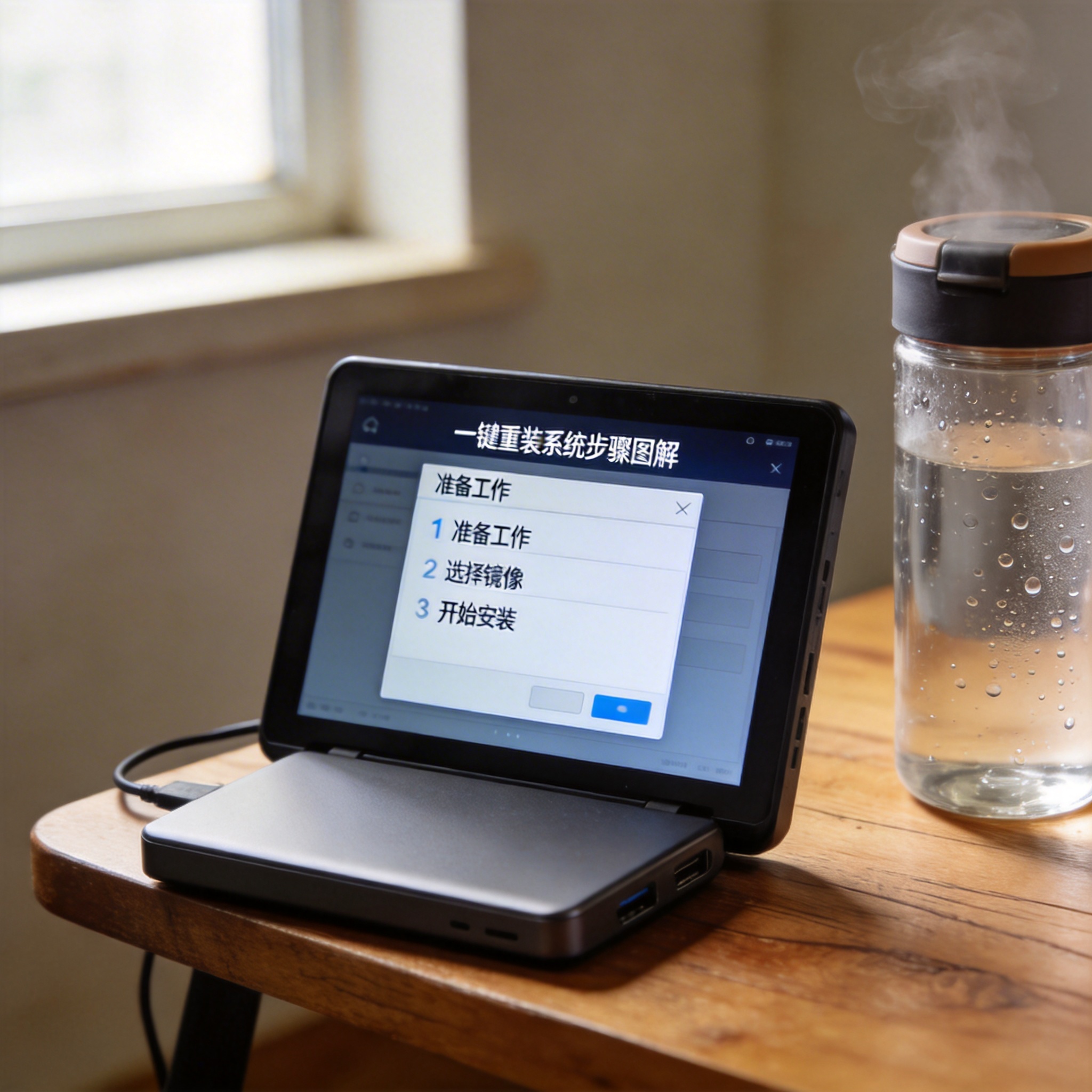 书桌上的移动硬盘，屏幕显示一键重装系统步骤图解设置界面，桌角放着水杯，自然光