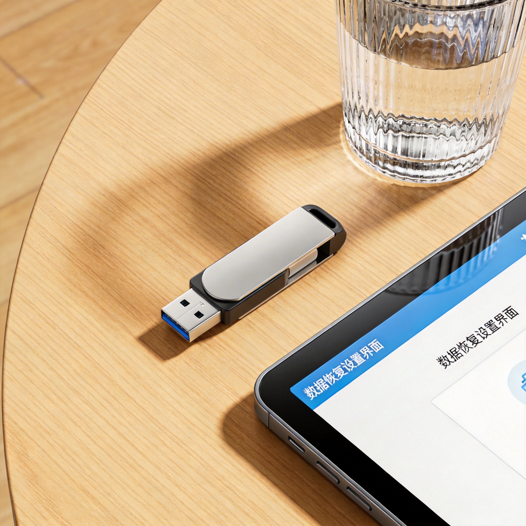 书桌上的U盘，屏幕显示数据恢复设置界面，桌角放着水杯，自然光