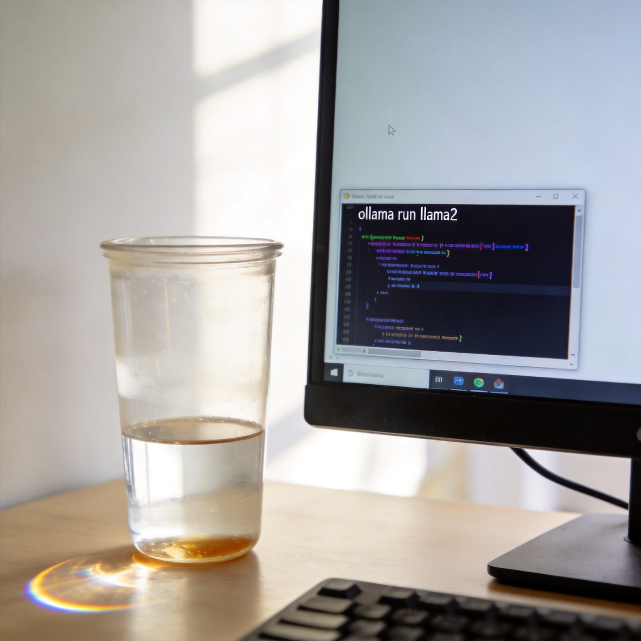 电脑桌上的台式机，屏幕显示命令提示符窗口，窗口里有“ollama run llama2”命令行，旁边放着半透明水杯，室内自然光