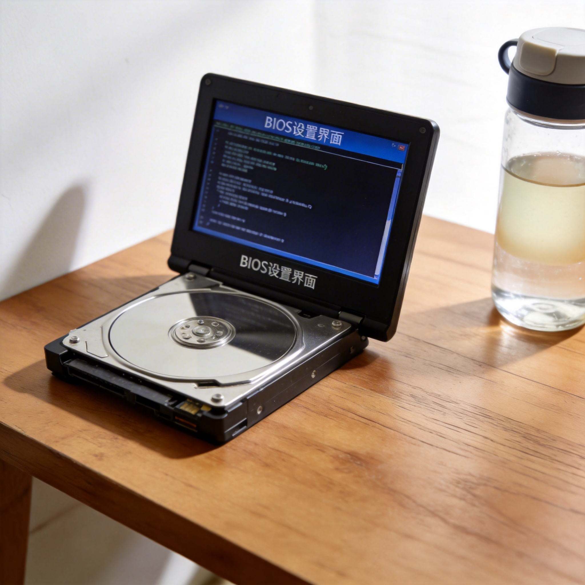 书桌上的硬盘，屏幕显示BIOS设置界面，桌角放着水杯，自然光