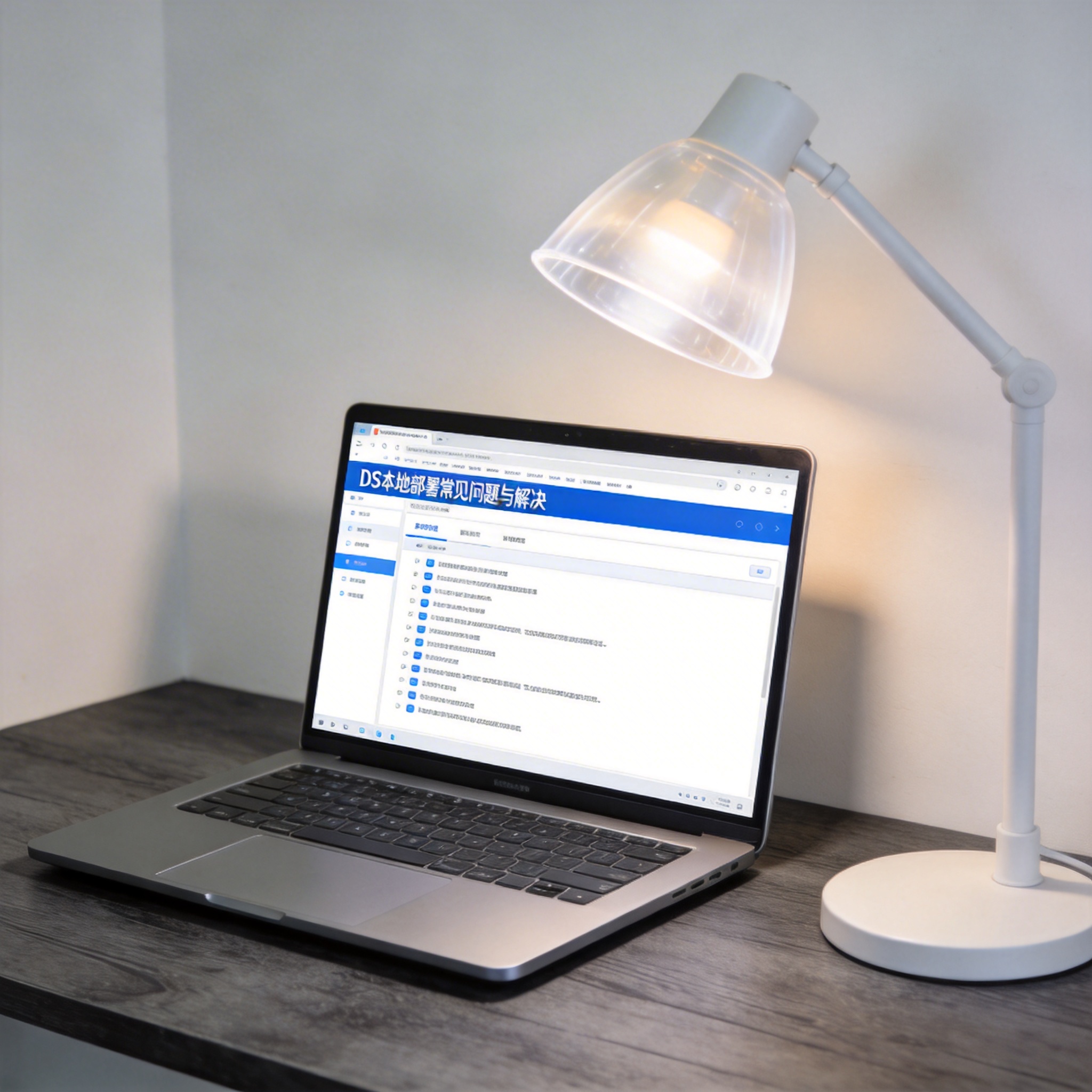 电脑桌上的电脑，屏幕显示DS 本地部署常见问题与解决界面，旁边放着台灯