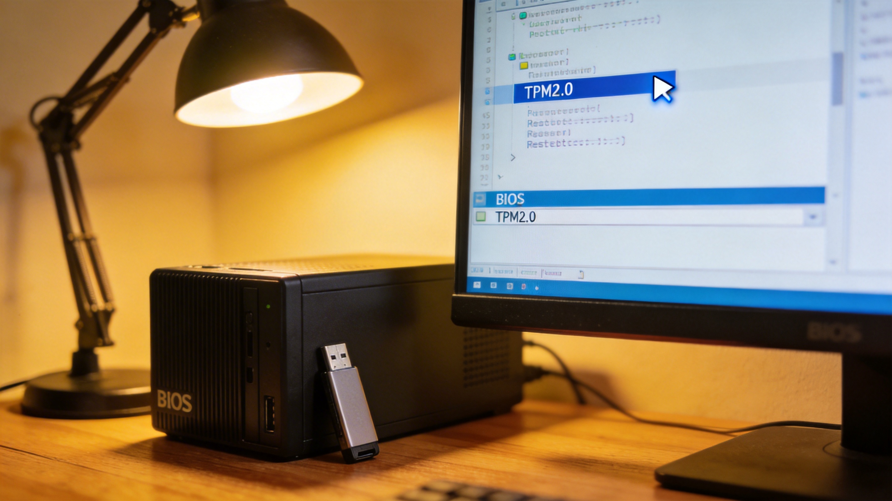 目标台式机主机的屏幕显示BIOS设置界面，光标停在TPM2.0选项上，机箱旁放着U盘，台灯暖光