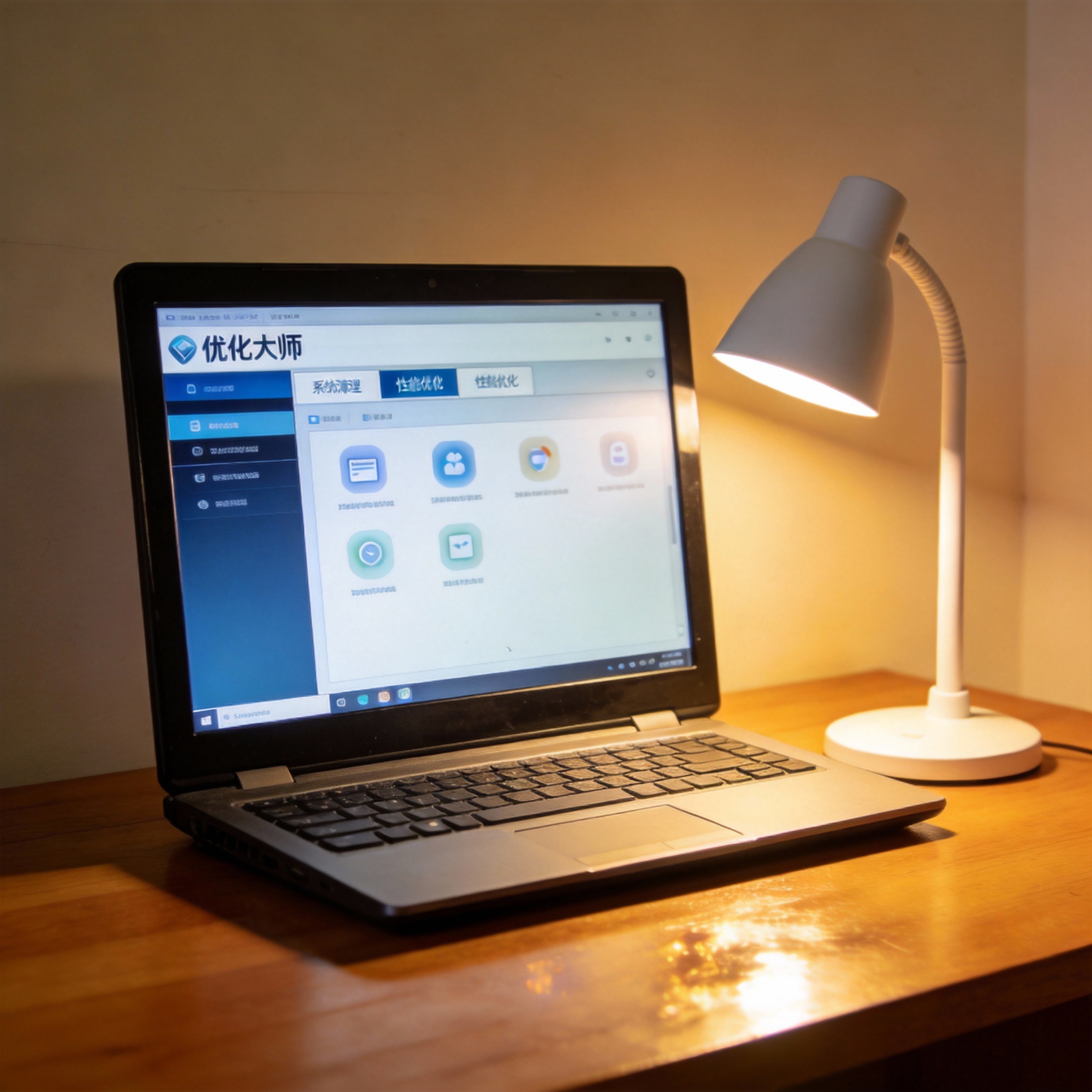 电脑桌上的电脑,屏幕显示优化大师界面,旁边放着台灯 电脑桌上的电脑,屏幕显示优化大师界面,旁边放着台灯
