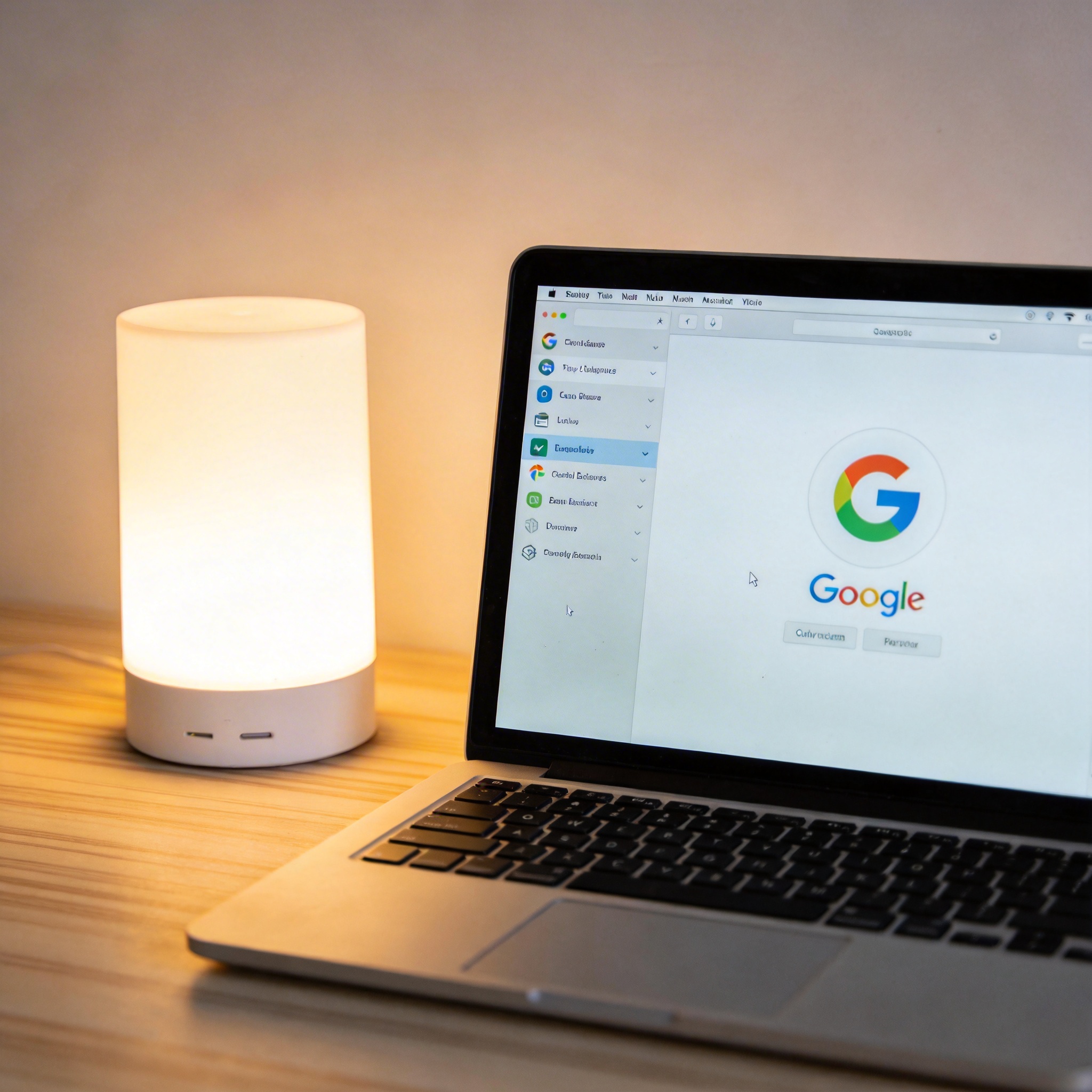 电脑桌上的电脑，屏幕显示谷歌浏览器菜单，旁边放着台灯