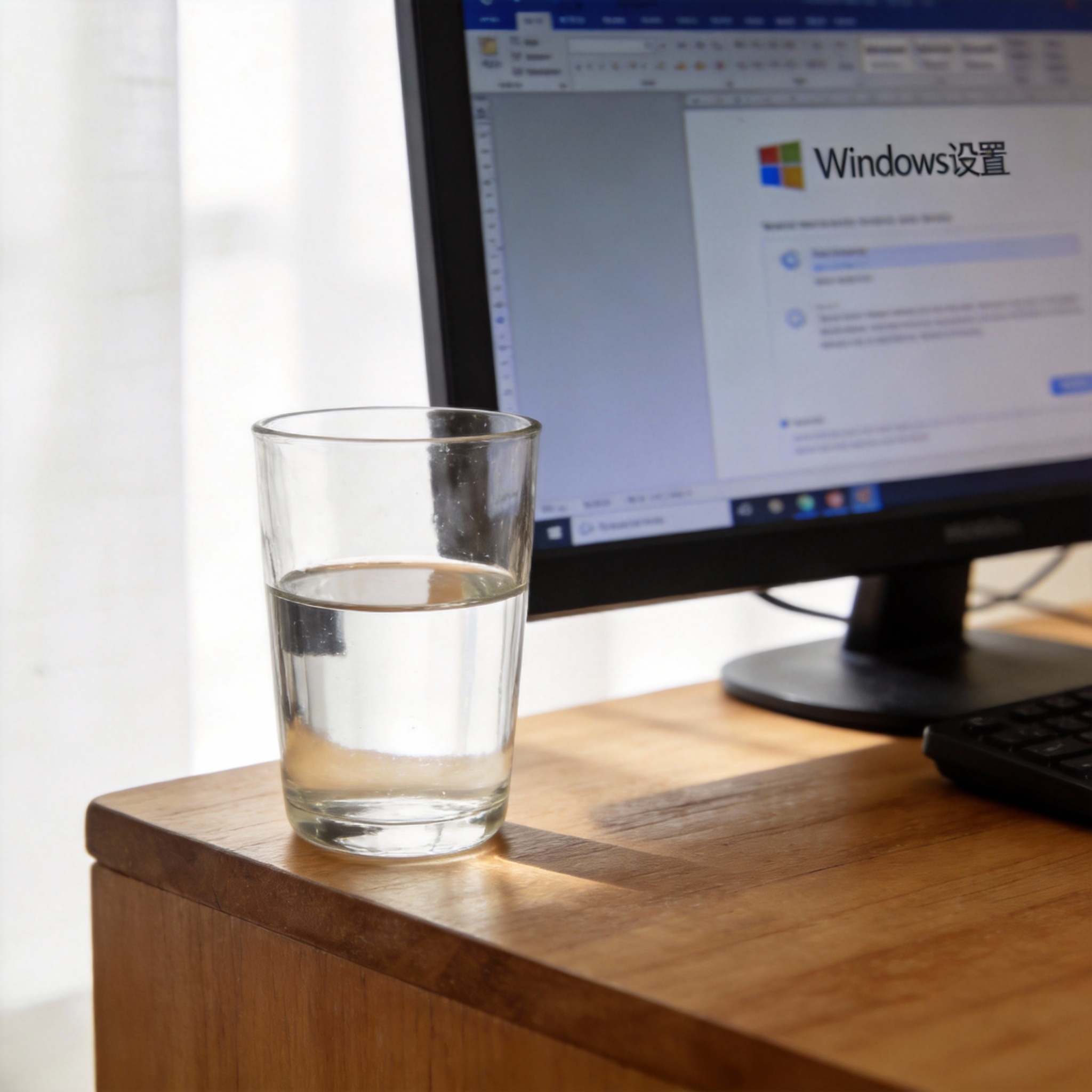 书桌上的电脑，屏幕显示Windows设置界面，桌角放着水杯，自然光