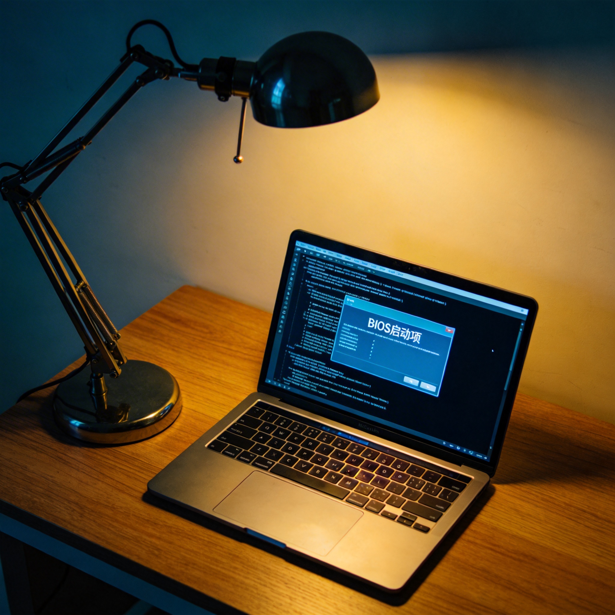 电脑桌上的笔记本,屏幕显示BIOS启动项,旁边放着台灯 电脑桌上的笔记本,屏幕显示BIOS启动项,旁边放着台灯
