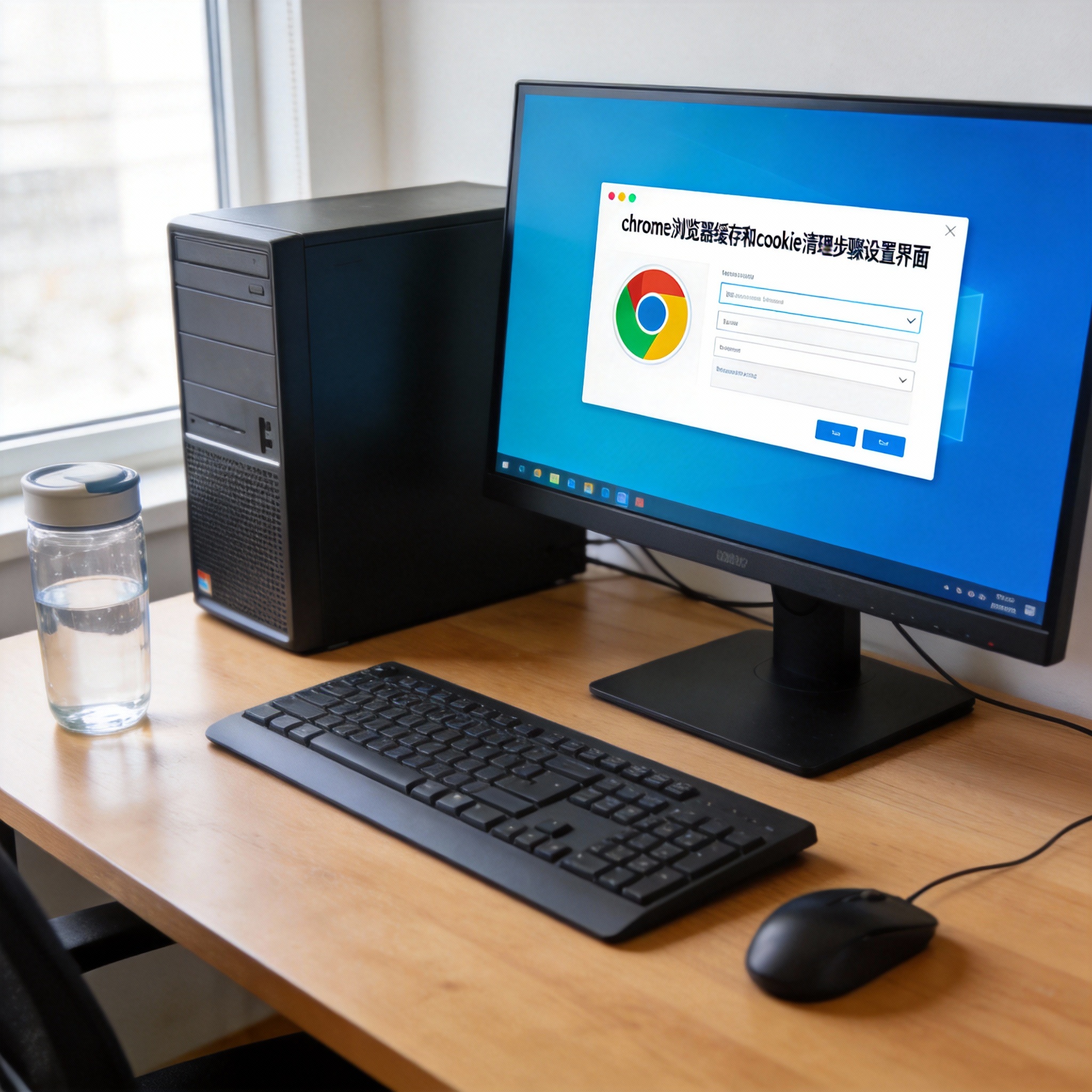 书桌上的主机，屏幕显示chrome 浏览器缓存和 cookie 清理步骤设置界面，桌角放着水杯，自然光