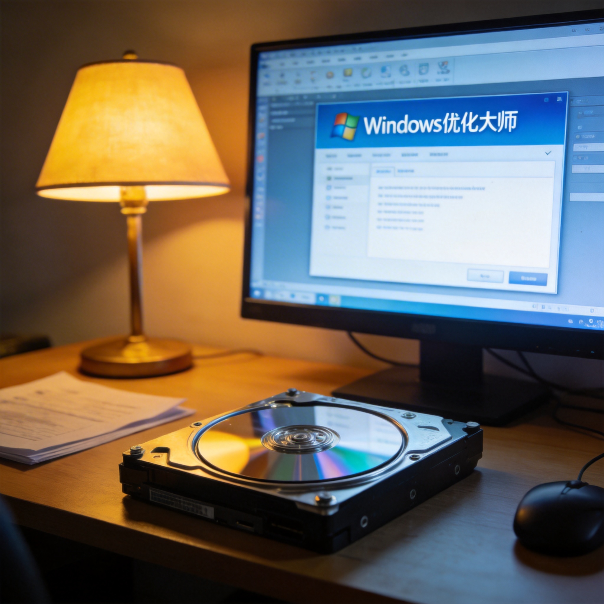 电脑桌上的硬盘，屏幕显示优化大师窗口，旁边放着台灯