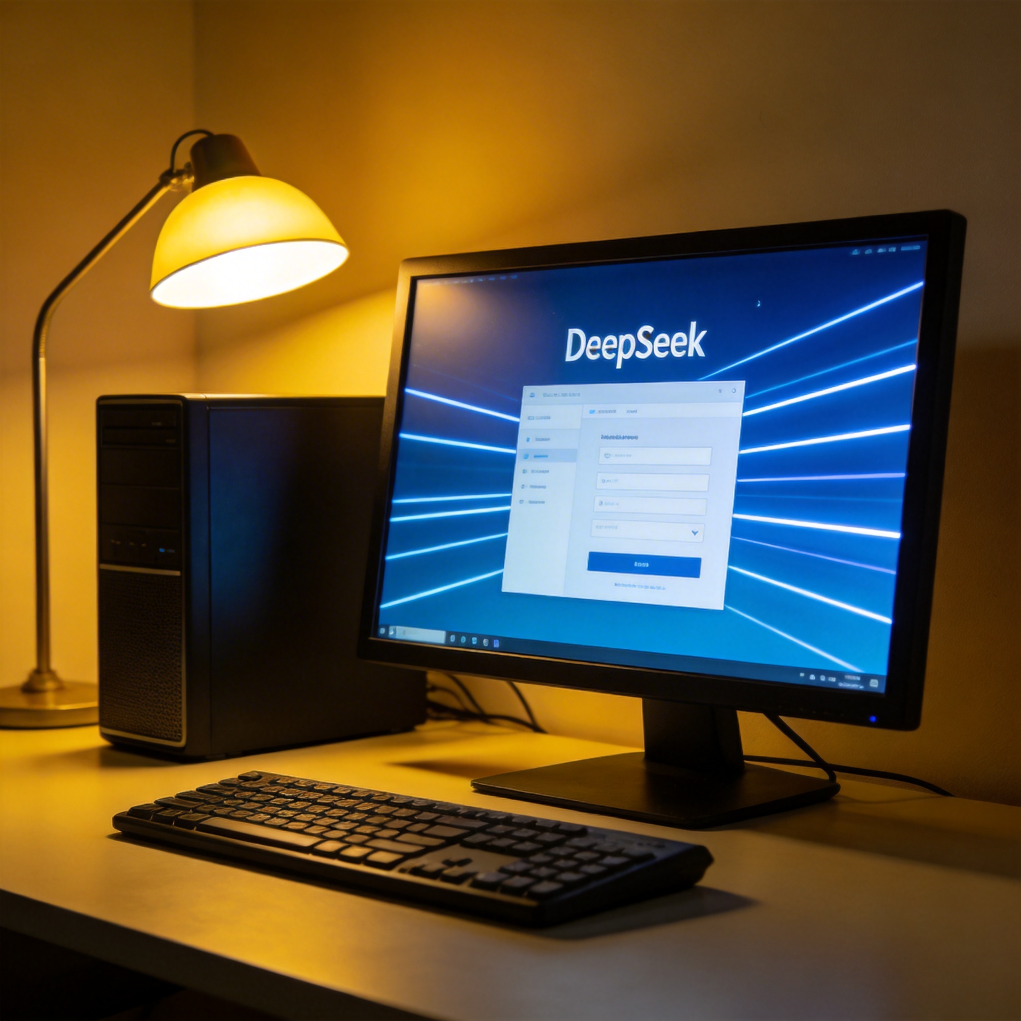 电脑桌上的台式机，屏幕显示DeepSeek界面，旁边放着台灯