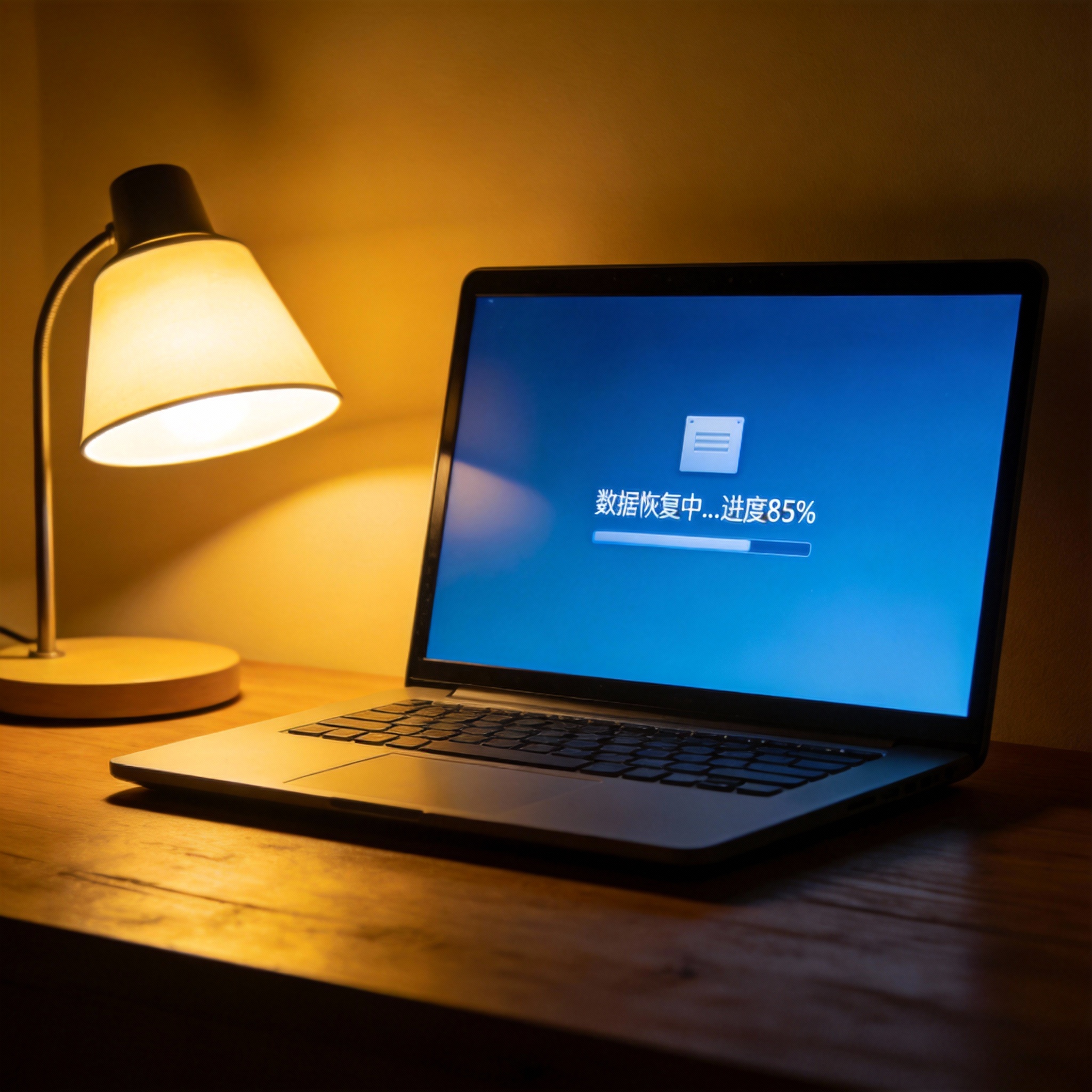 电脑桌上的笔记本，屏幕显示数据恢复界面，旁边放着台灯