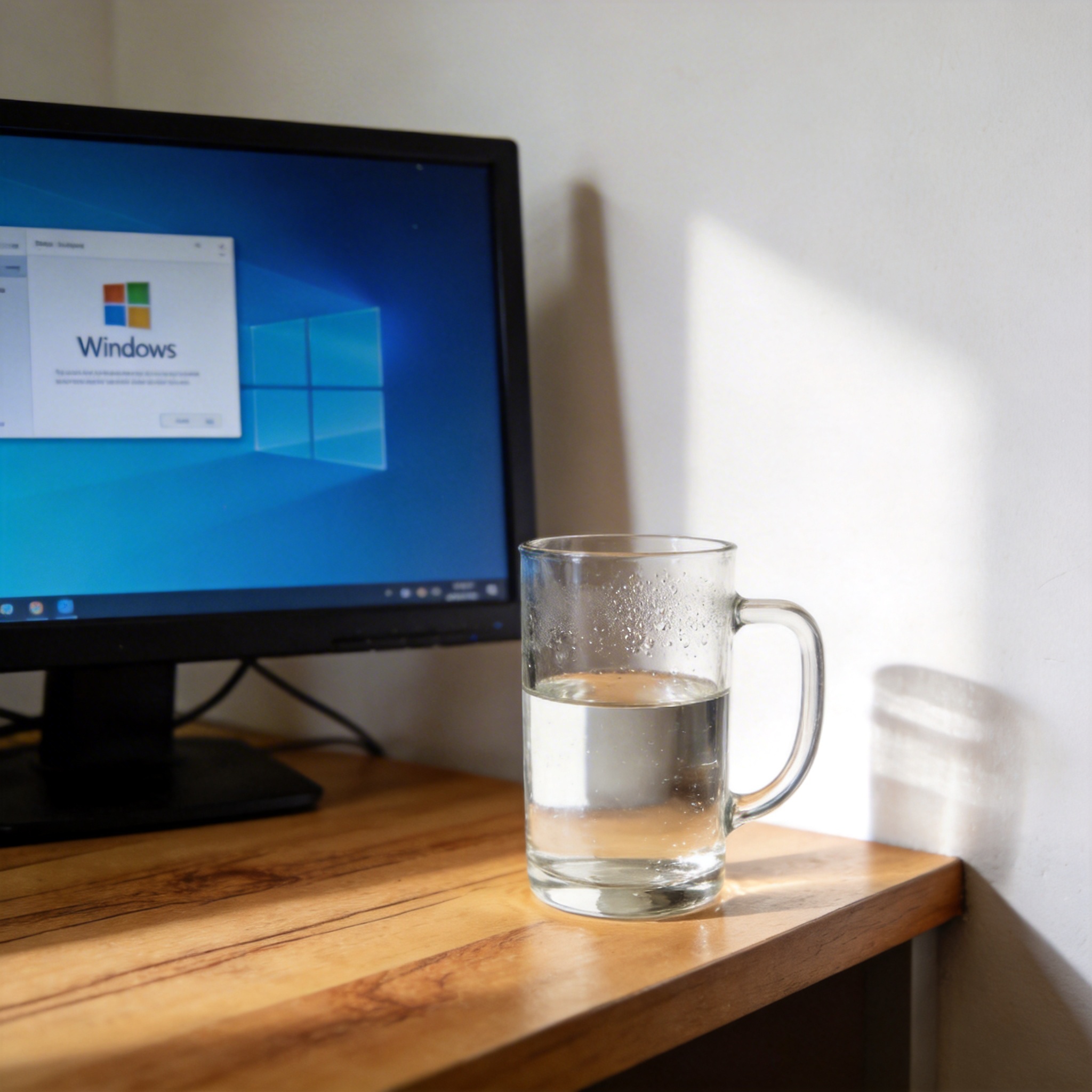 书桌上的电脑，屏幕显示Windows设置界面，桌角放着水杯，自然光