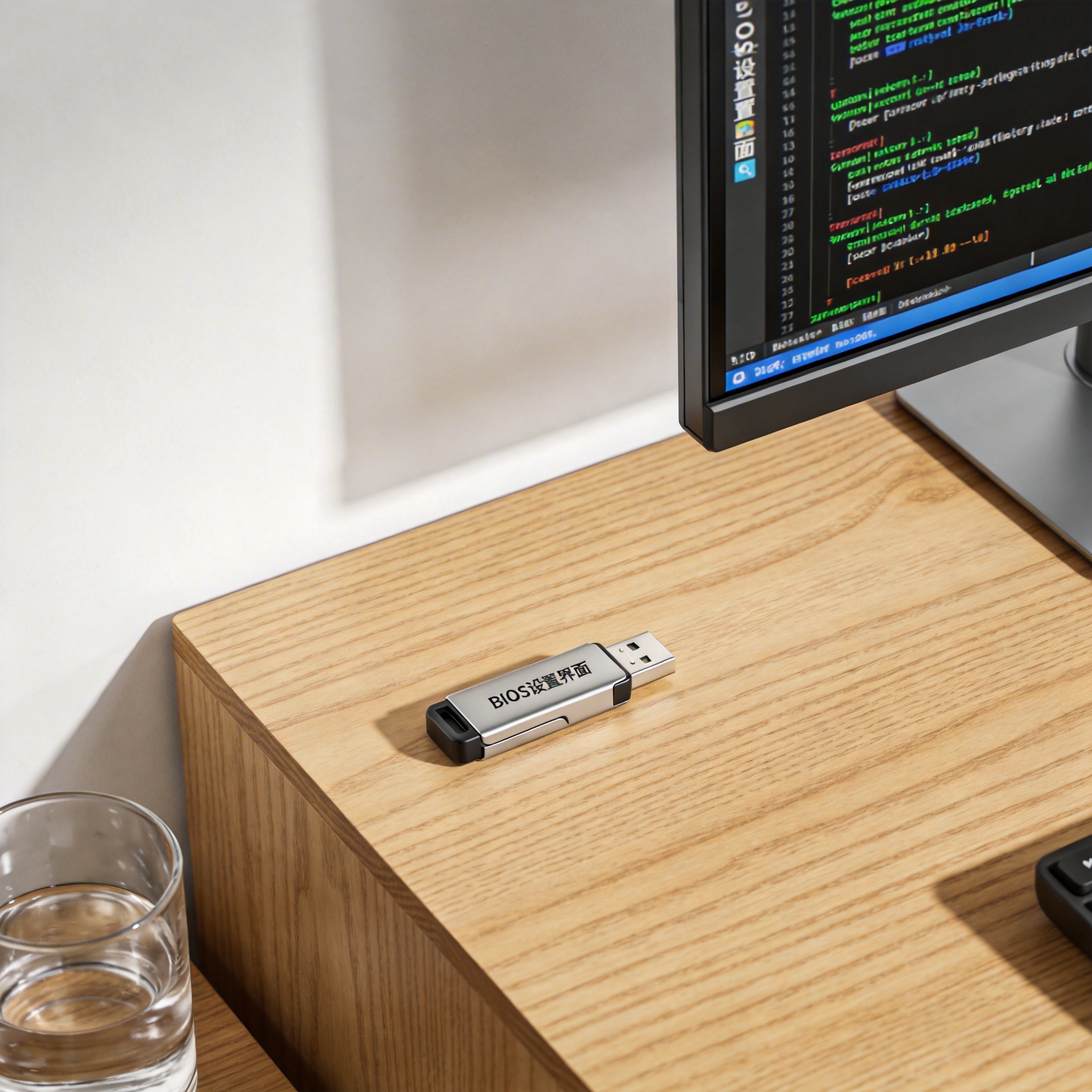 书桌上的U盘，屏幕显示BIOS设置界面，桌角放着水杯，自然光