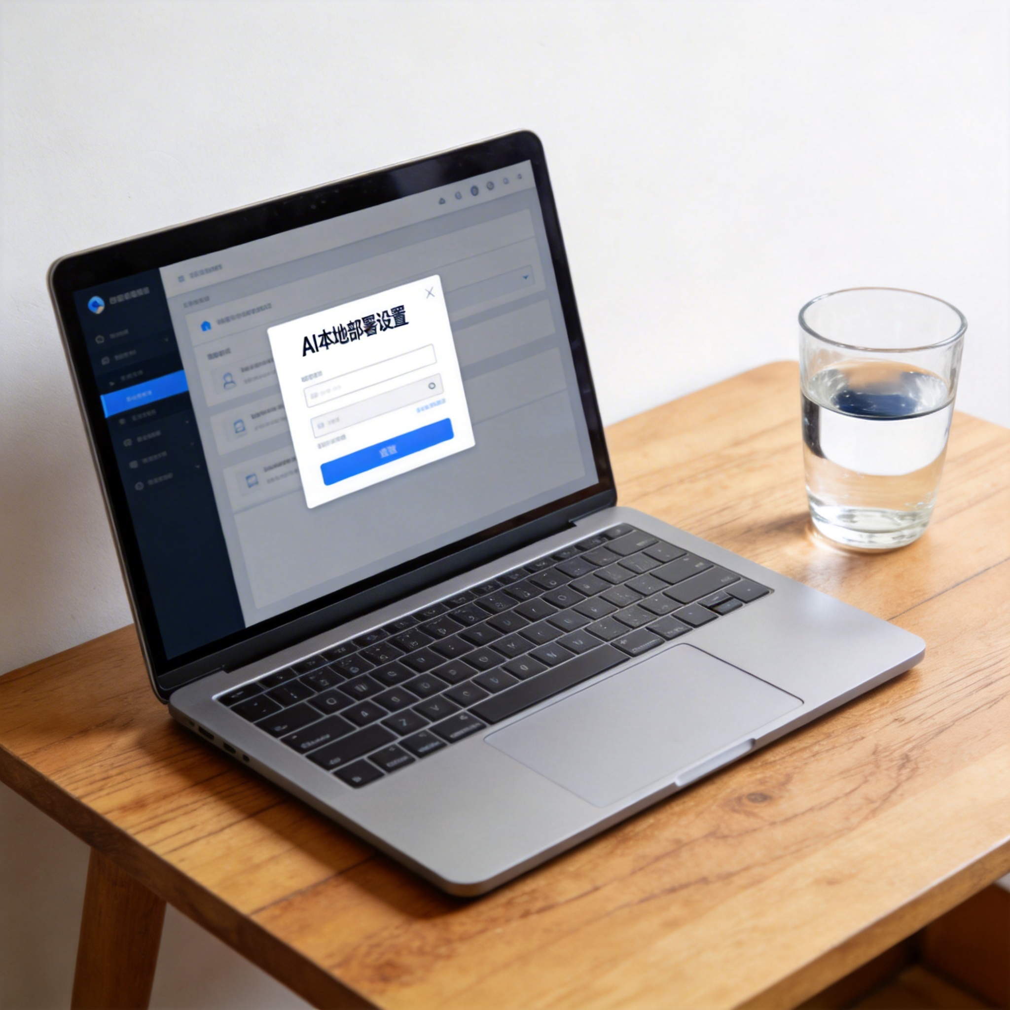 书桌上的电脑，屏幕显示Ai本地部署设置界面，桌角放着水杯，自然光