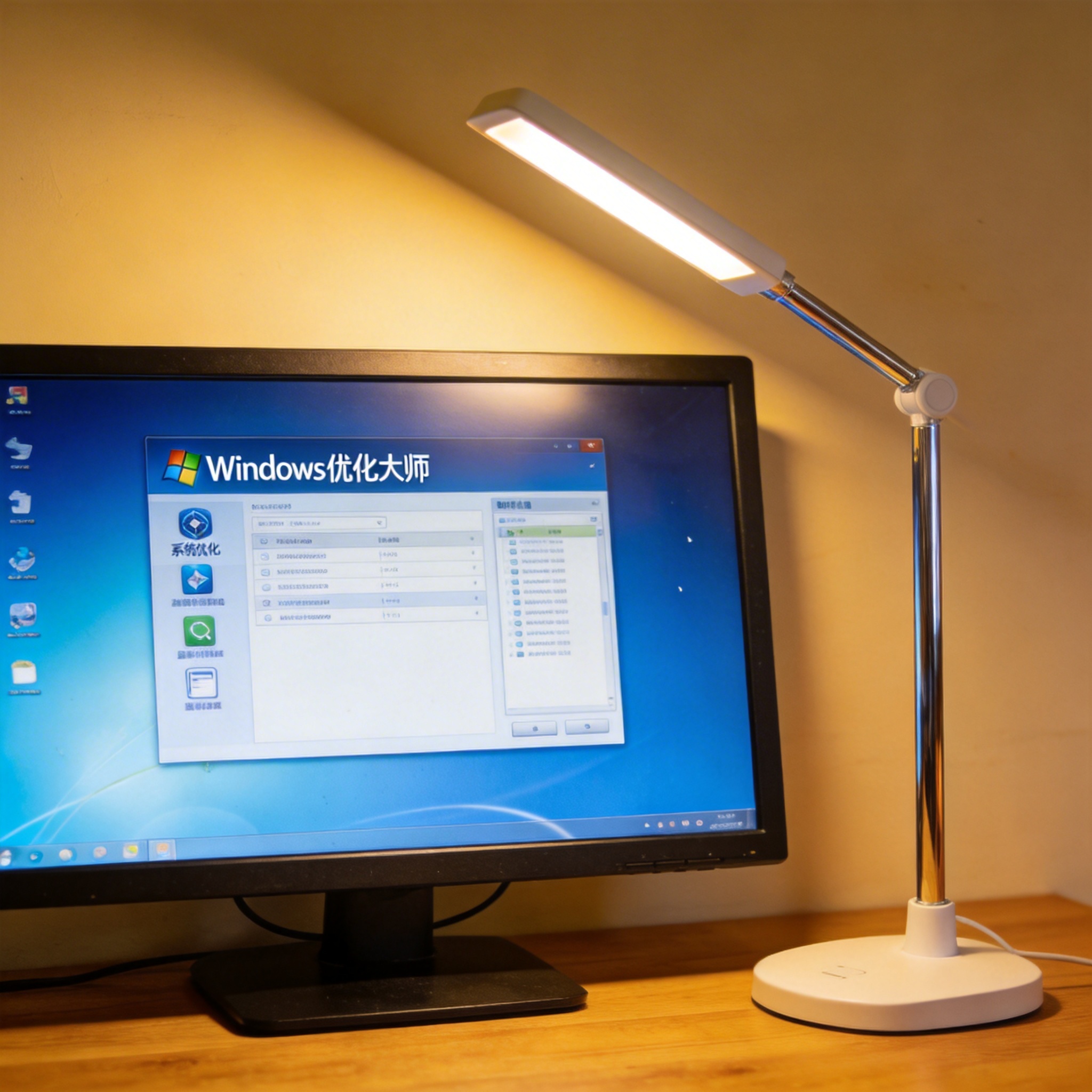 电脑桌上的电脑，屏幕显示优化大师桌面，旁边放着台灯