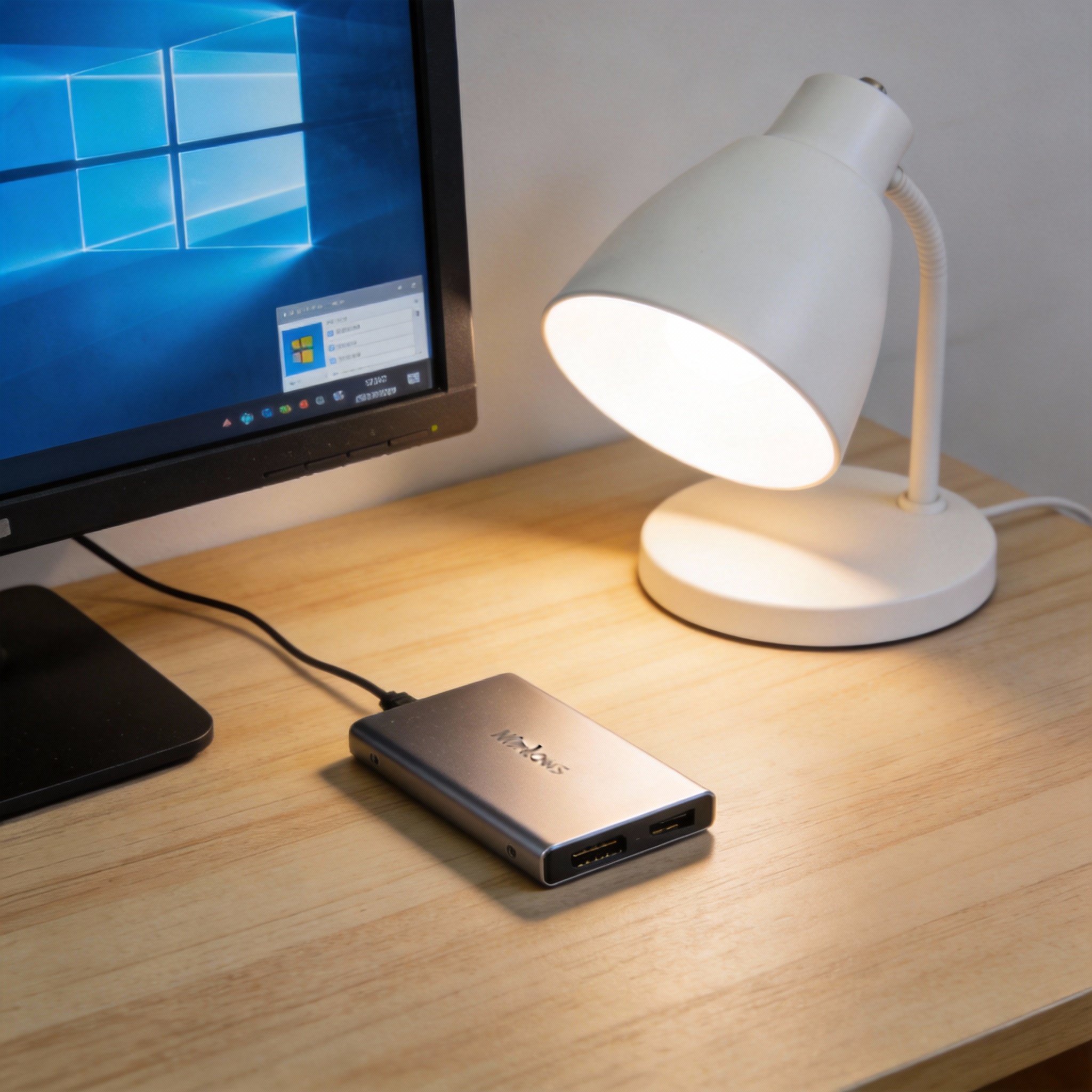 电脑桌上的移动硬盘，屏幕显示Windows窗口，旁边放着台灯