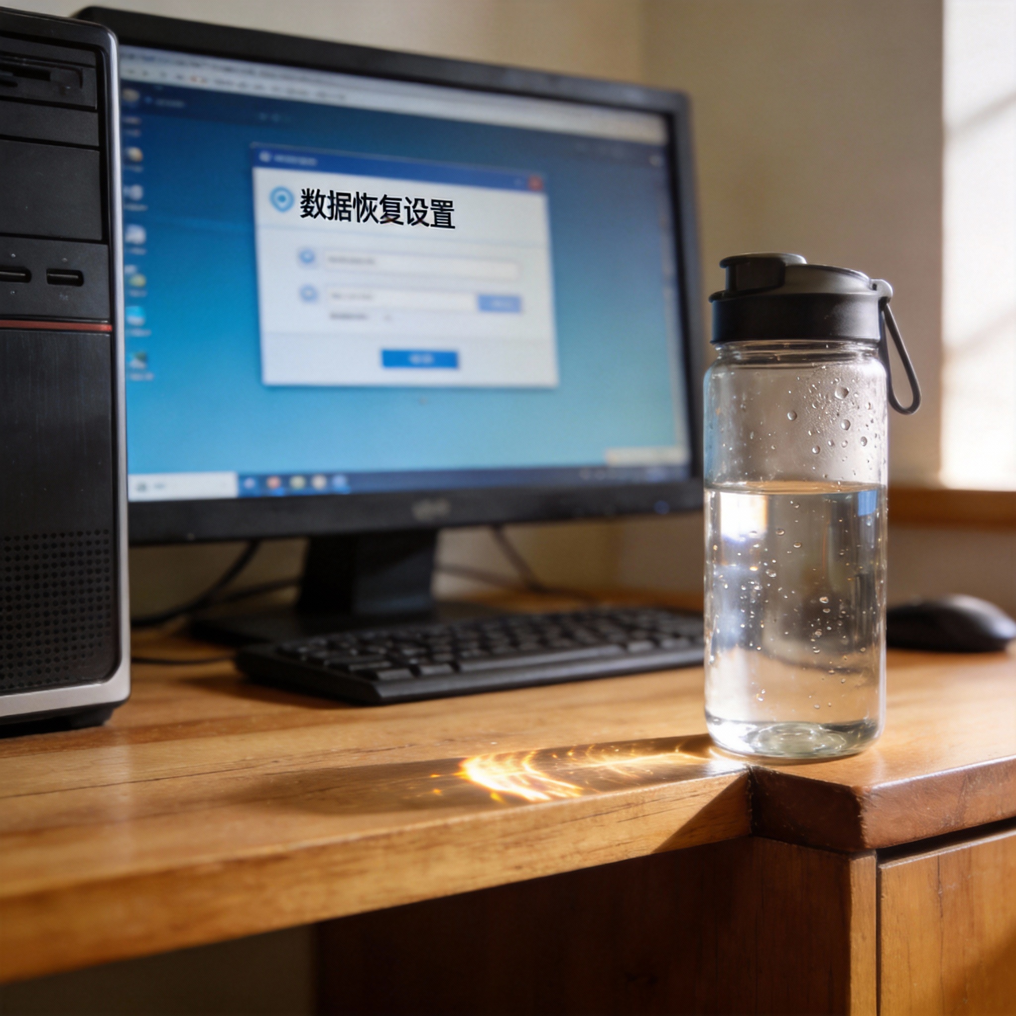 书桌上的主机，屏幕显示数据恢复设置界面，桌角放着水杯，自然光