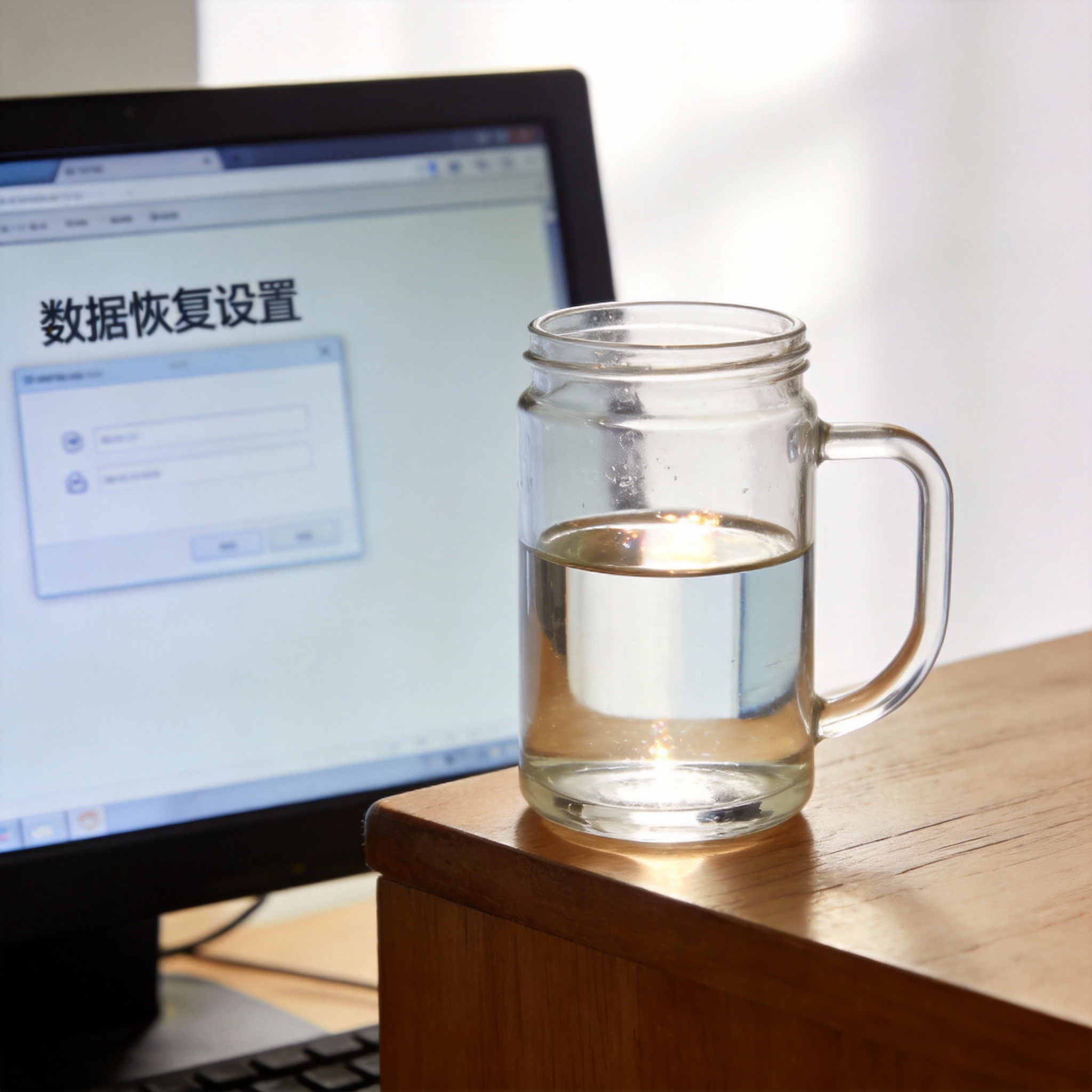 书桌上的电脑，屏幕显示数据恢复设置界面，桌角放着水杯，自然光