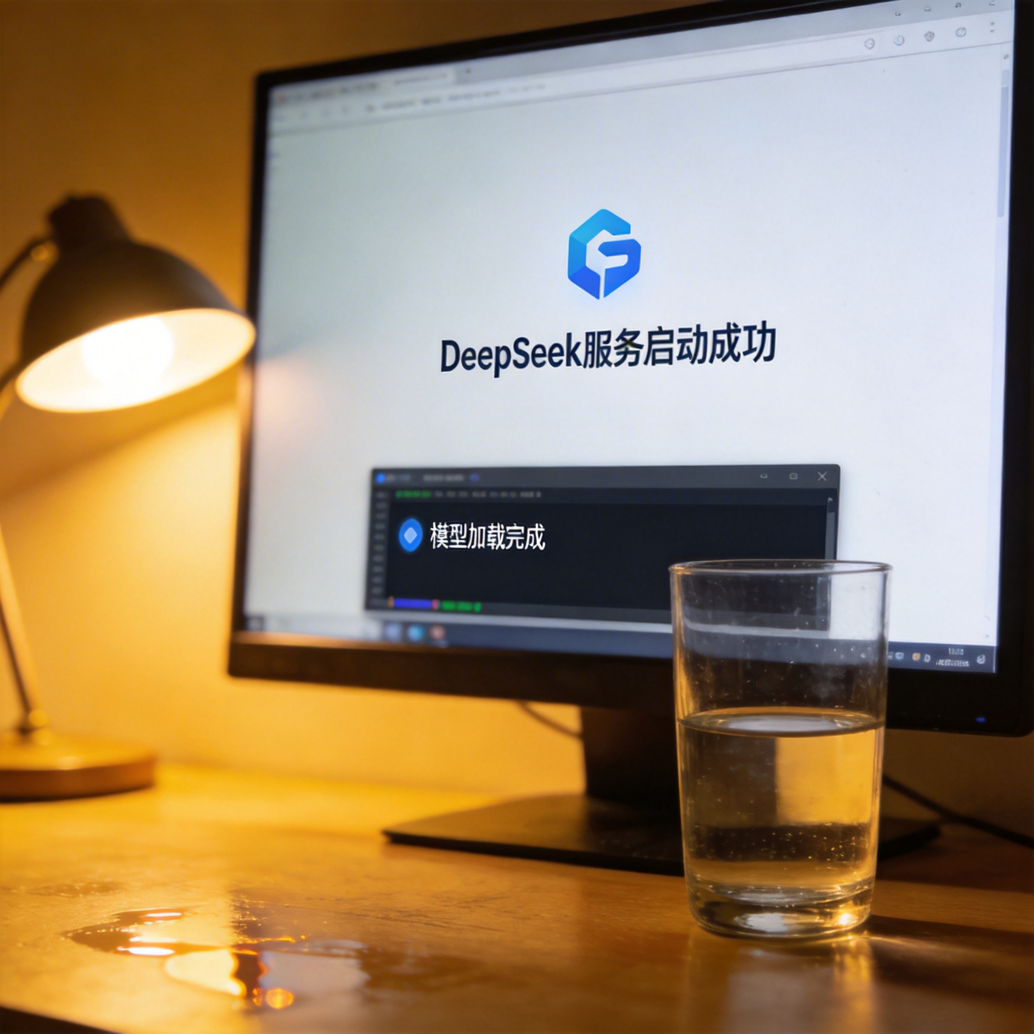 桌面的电脑屏幕显示DeepSeek服务启动成功的界面，下方命令行窗口显示模型加载完成提示，旁边有半玻璃杯清水，台灯暖光