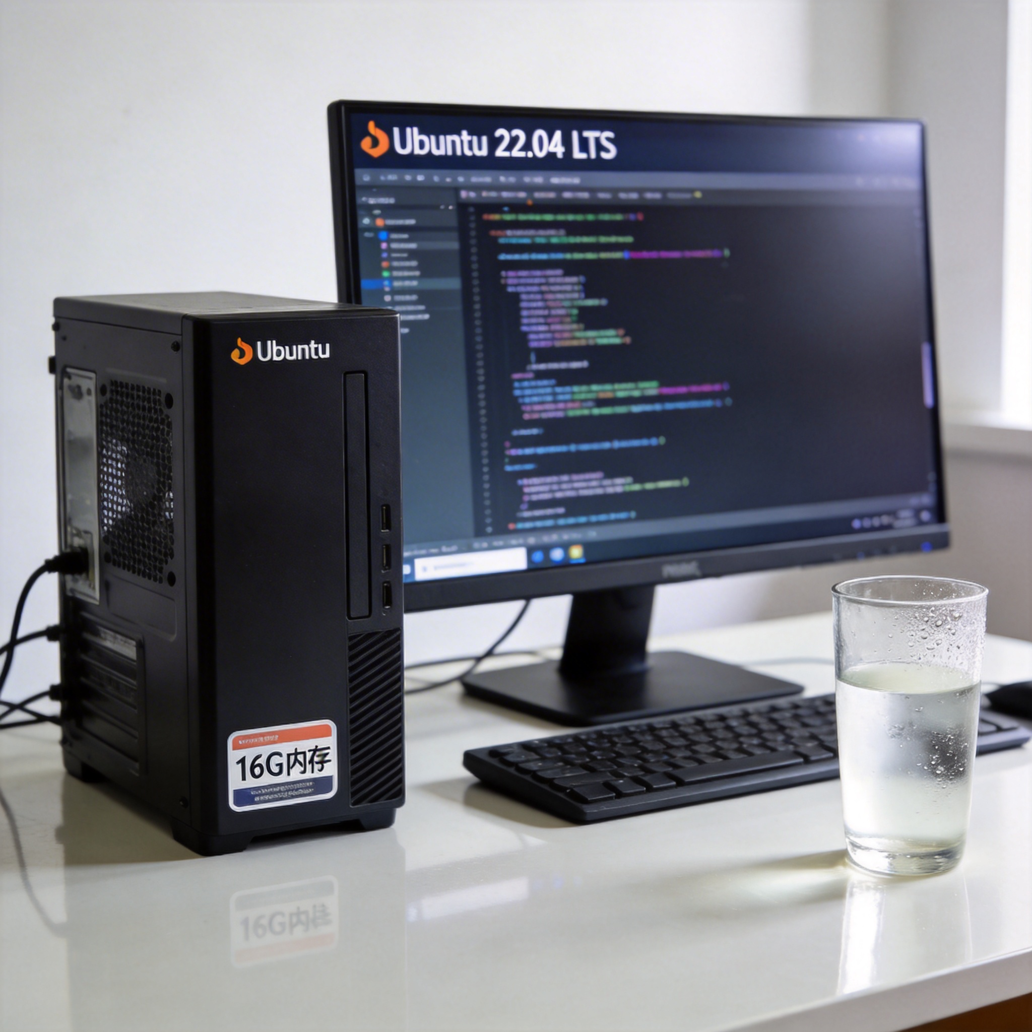 电脑桌的台式机，屏幕显示Ubuntu 22.04系统的终端界面，旁边放着标注16G内存的硬件参数贴纸，桌面有半杯白水，室内自然光