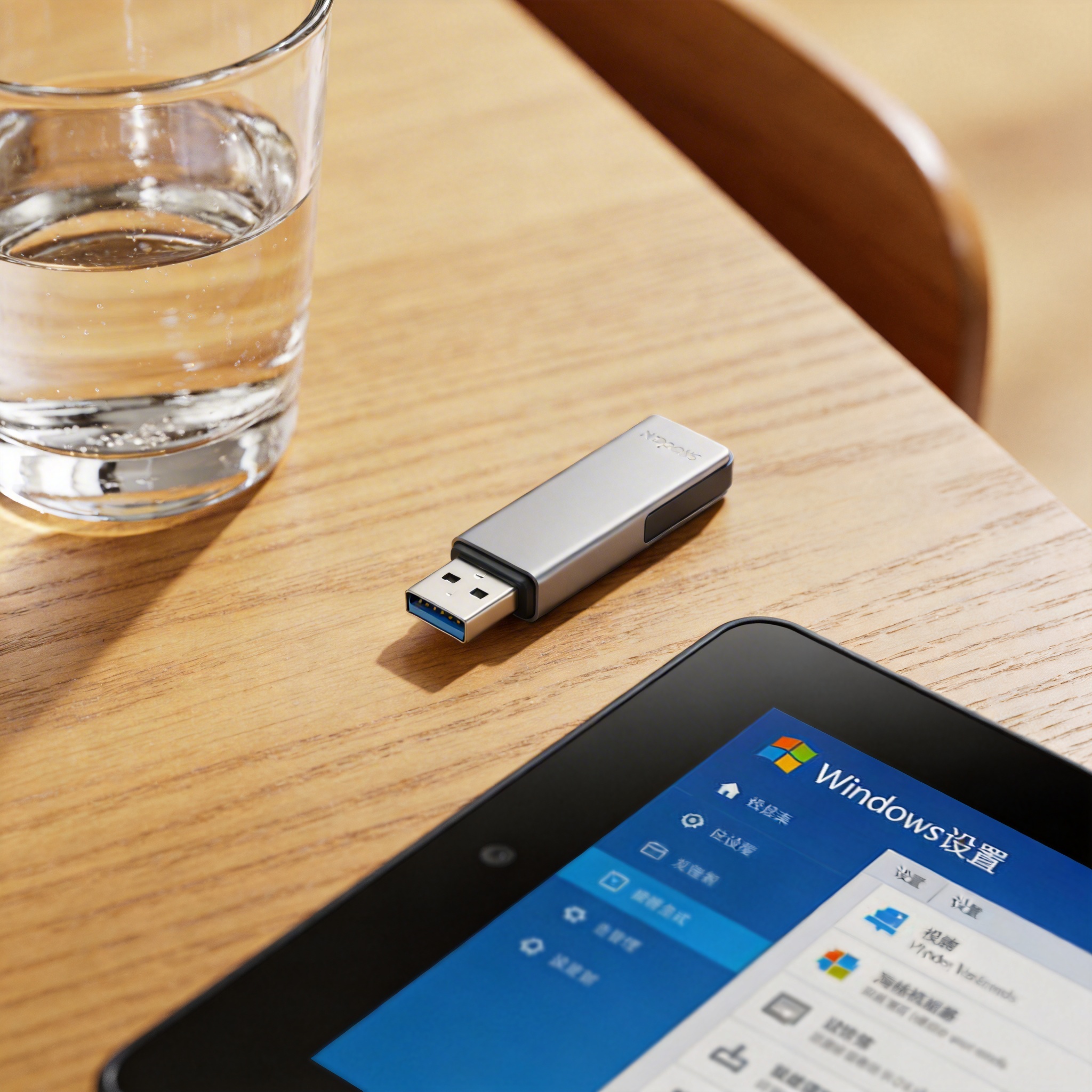 书桌上的U盘，屏幕显示Windows设置界面，桌角放着水杯，自然光