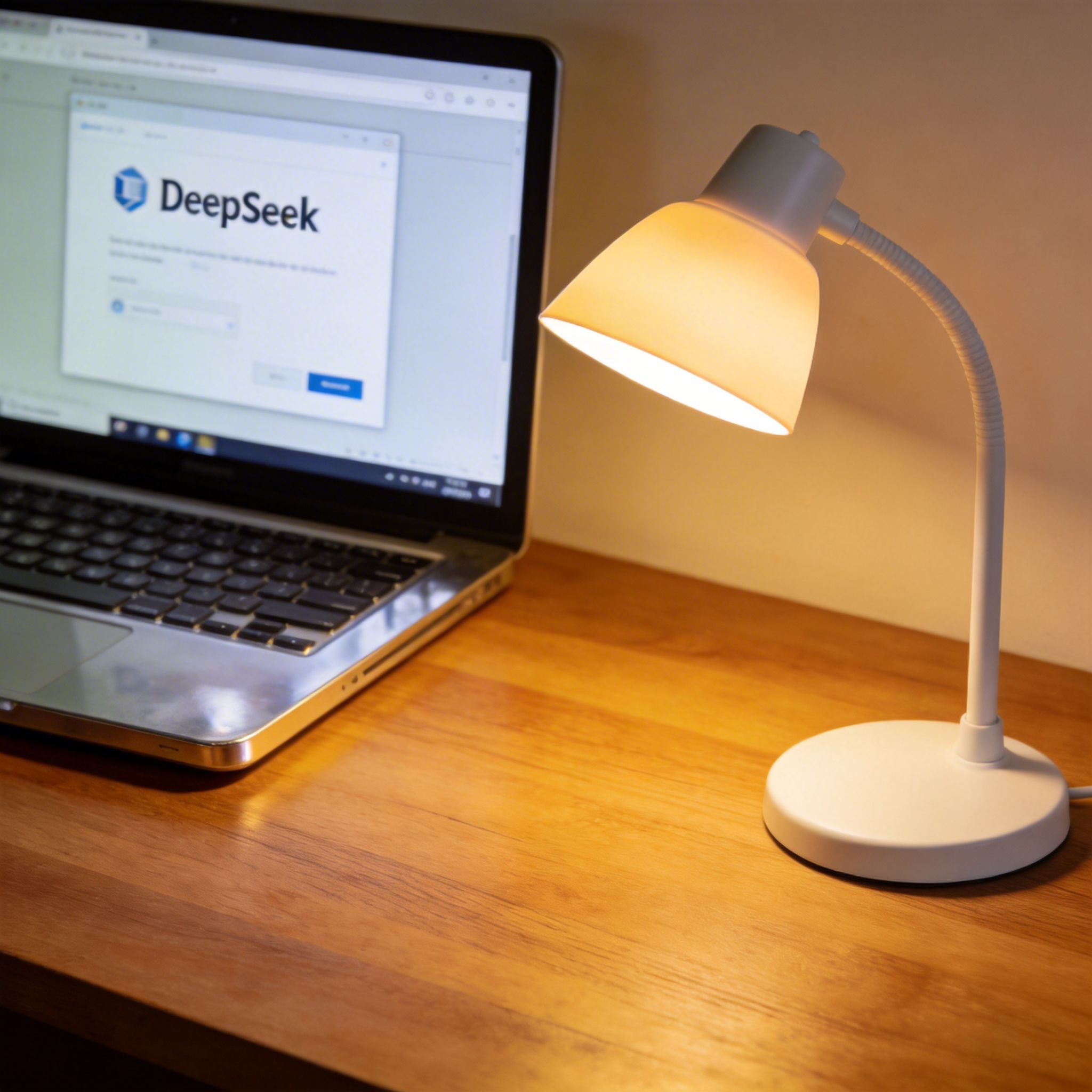 电脑桌上的电脑，屏幕显示DeepSeek窗口，旁边放着台灯