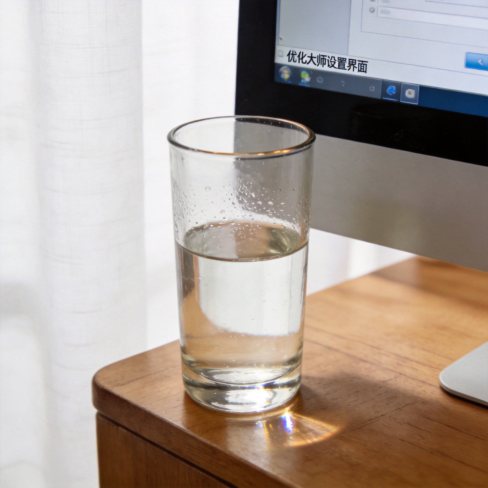书桌上的电脑，屏幕显示优化大师设置界面，桌角放着水杯，自然光