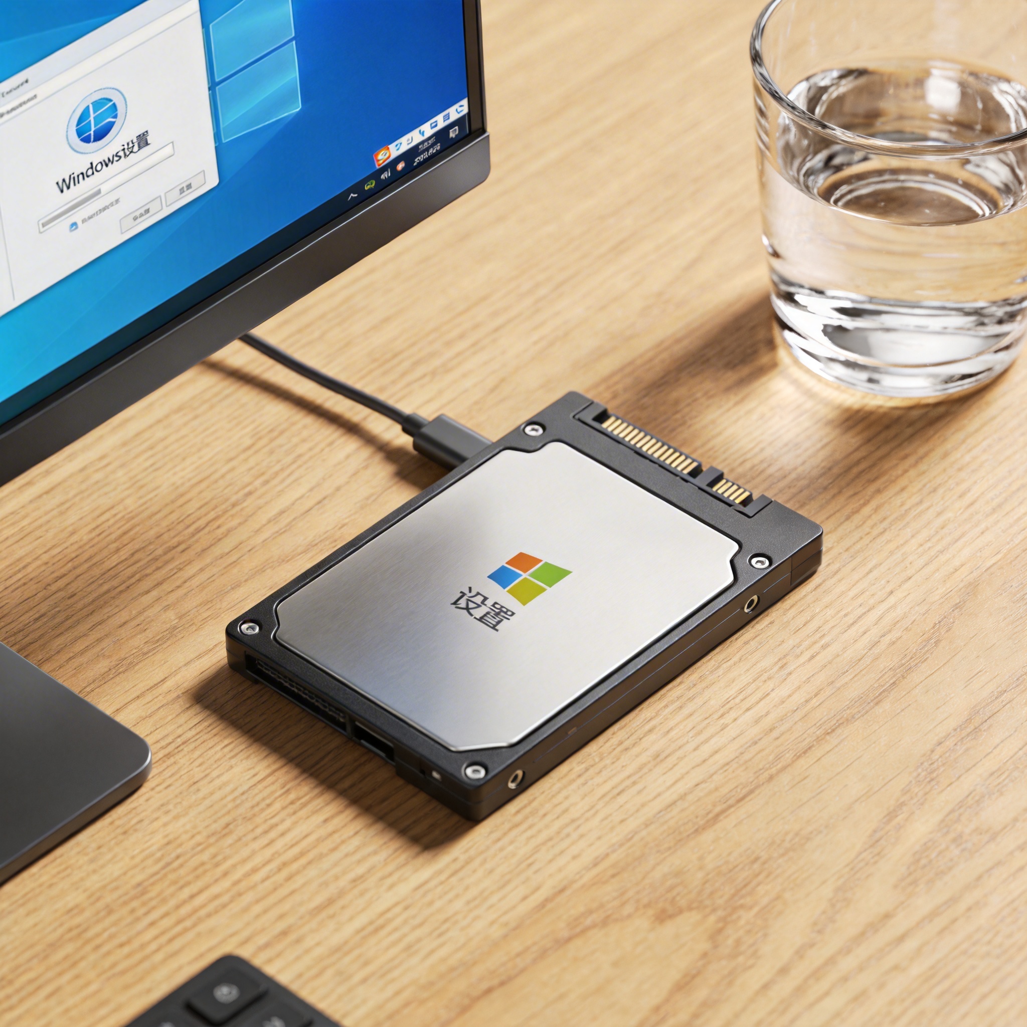 书桌上的硬盘，屏幕显示Windows设置界面，桌角放着水杯，自然光
