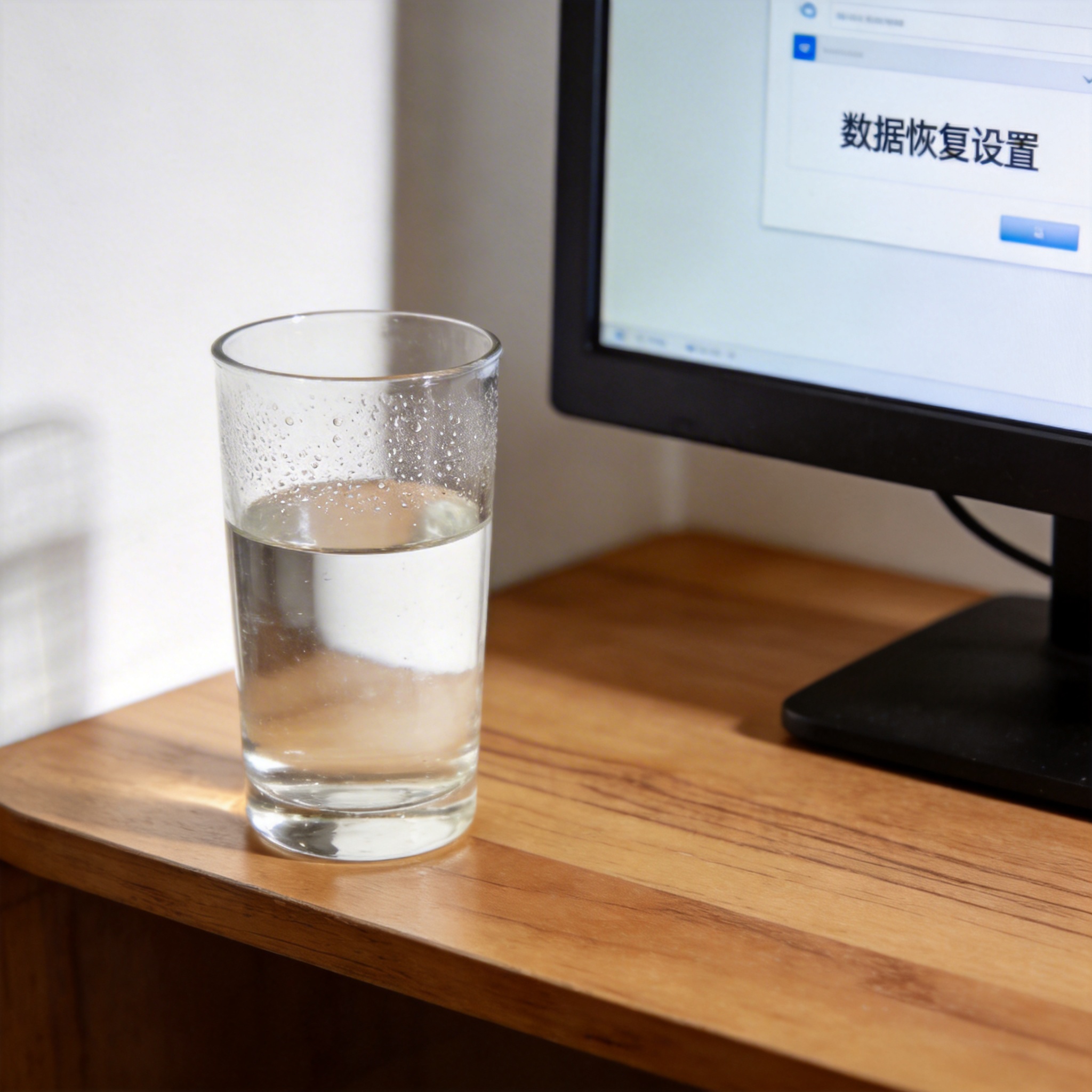 书桌上的电脑，屏幕显示数据恢复设置界面，桌角放着水杯，自然光