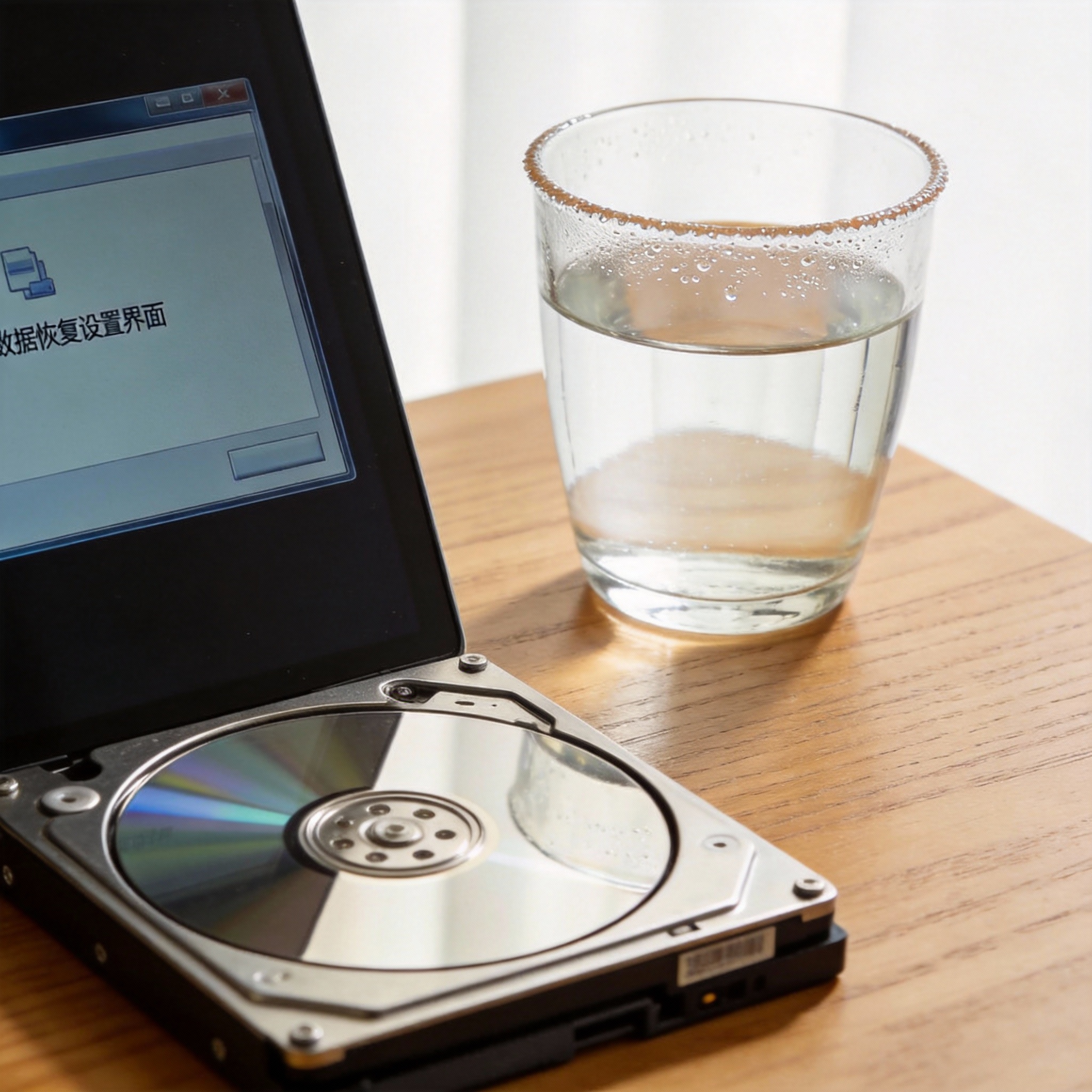 书桌上的硬盘，屏幕显示数据恢复设置界面，桌角放着水杯，自然光
