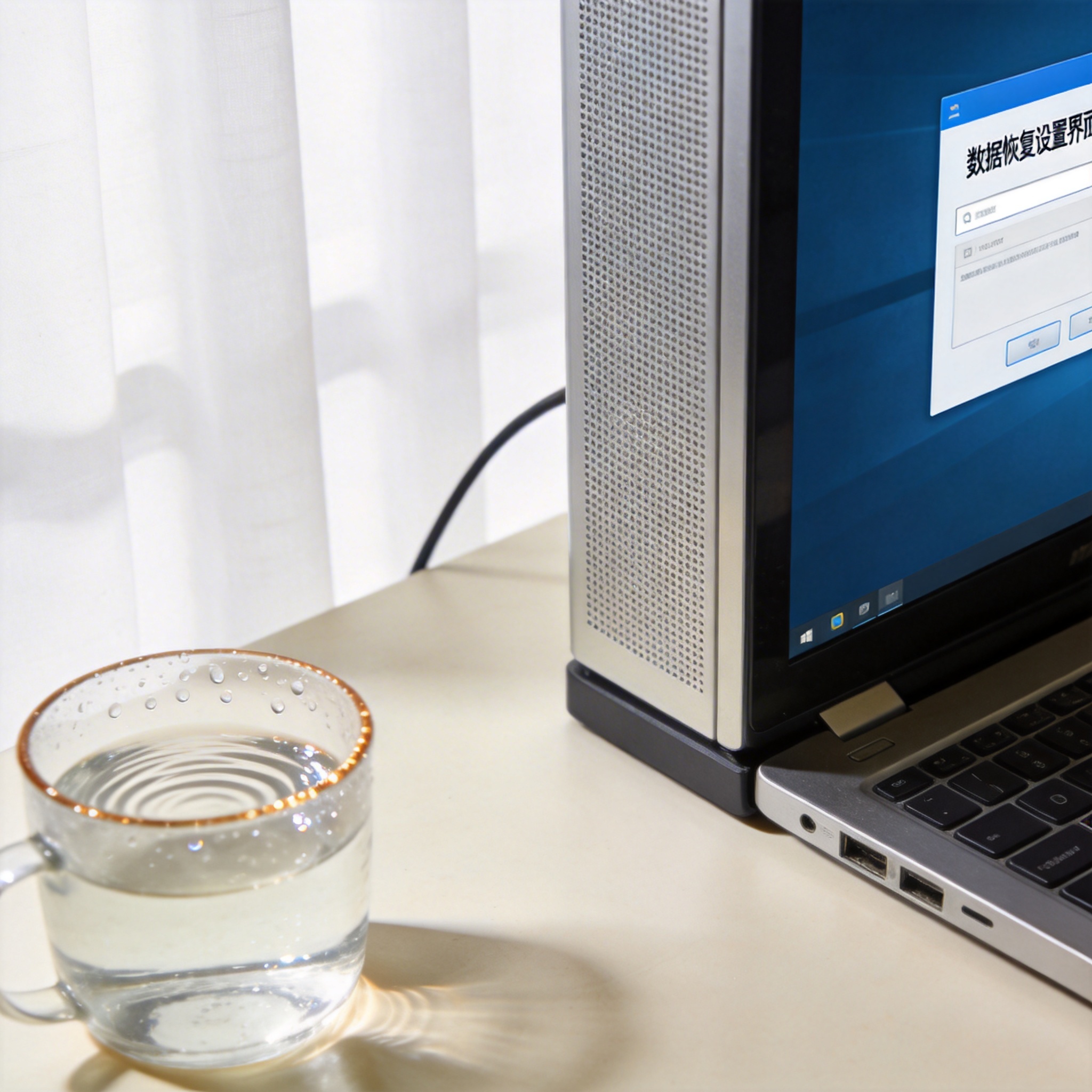 书桌上的主机，屏幕显示数据恢复设置界面，桌角放着水杯，自然光