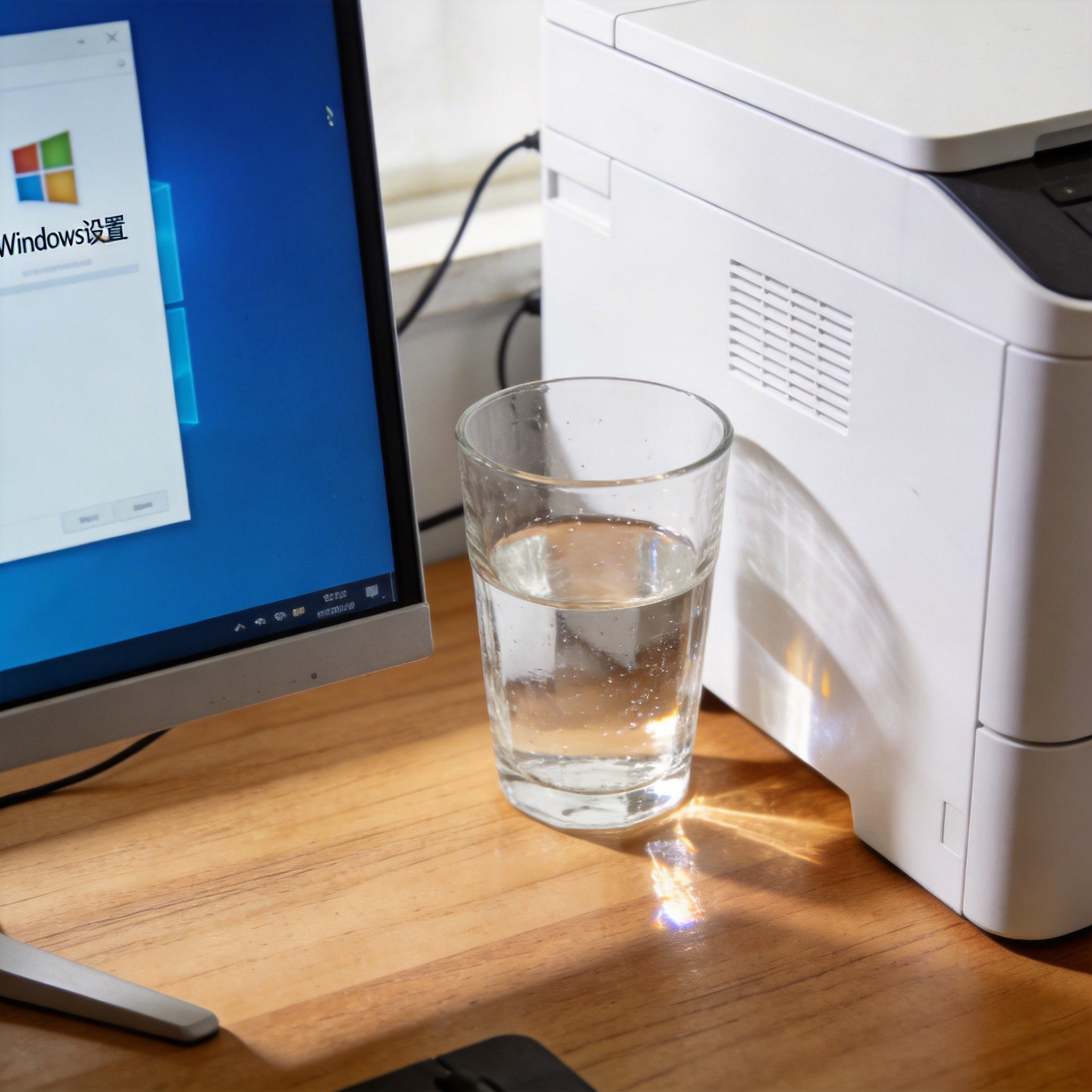 书桌上的主机，屏幕显示Windows设置界面，桌角放着水杯，自然光