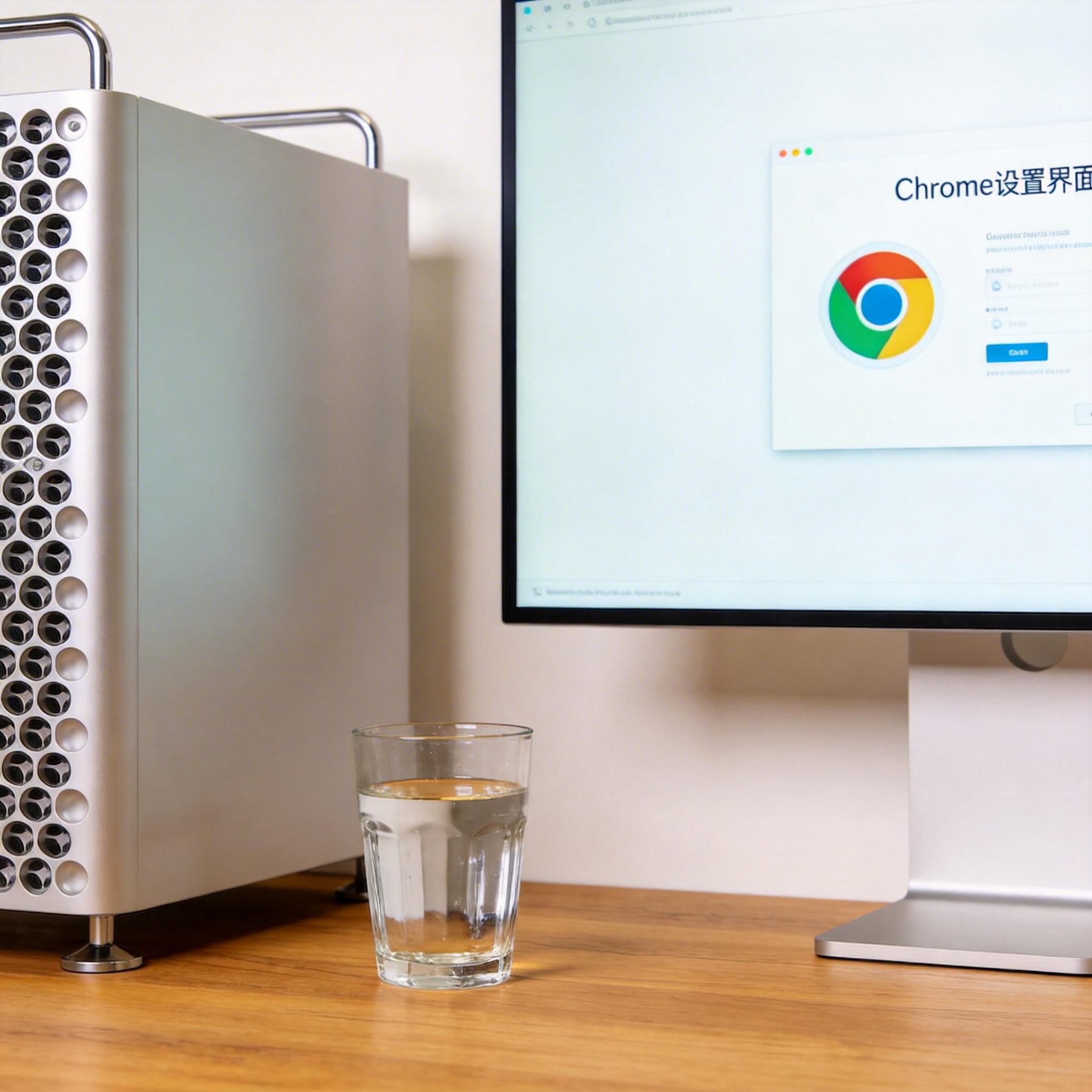 书桌上的主机，屏幕显示Chrome设置界面，桌角放着水杯，自然光