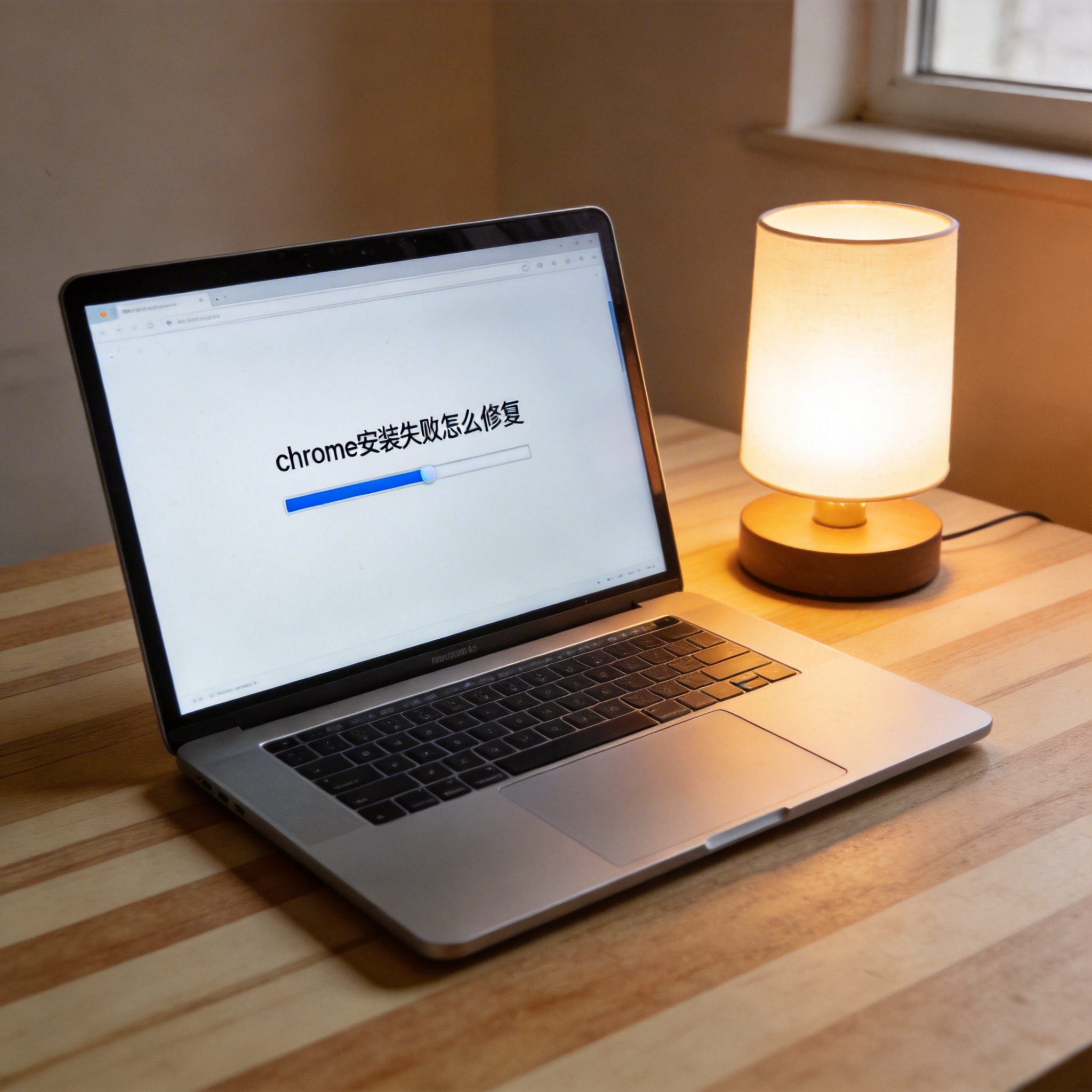 电脑桌上的电脑，屏幕显示chrome 安装失败怎么修复进度条，旁边放着台灯