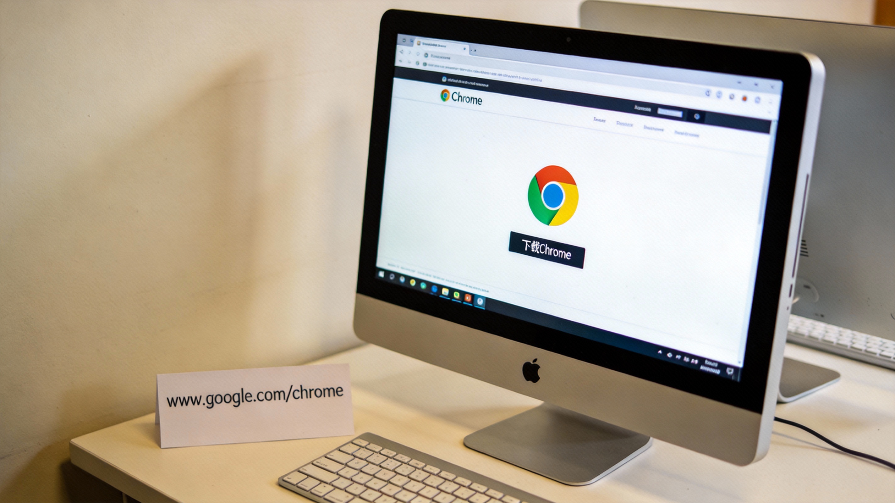 电脑桌前的Windows系统电脑，屏幕显示Chrome官网页面，中央有简洁的“下载Chrome”按钮，旁边放着写有官方域名的便签，室内自然光