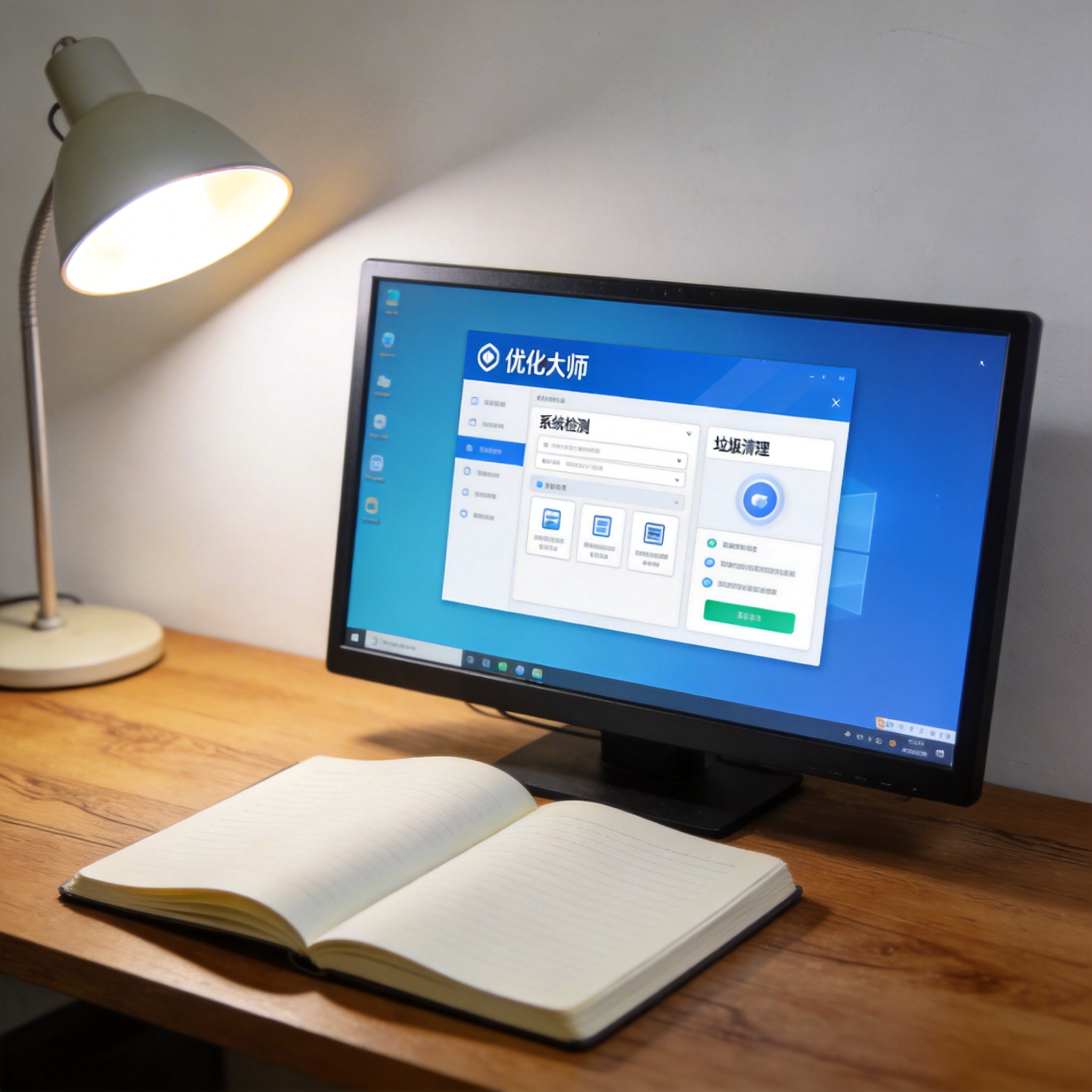 电脑桌上的笔记本，屏幕显示优化大师界面，旁边放着台灯