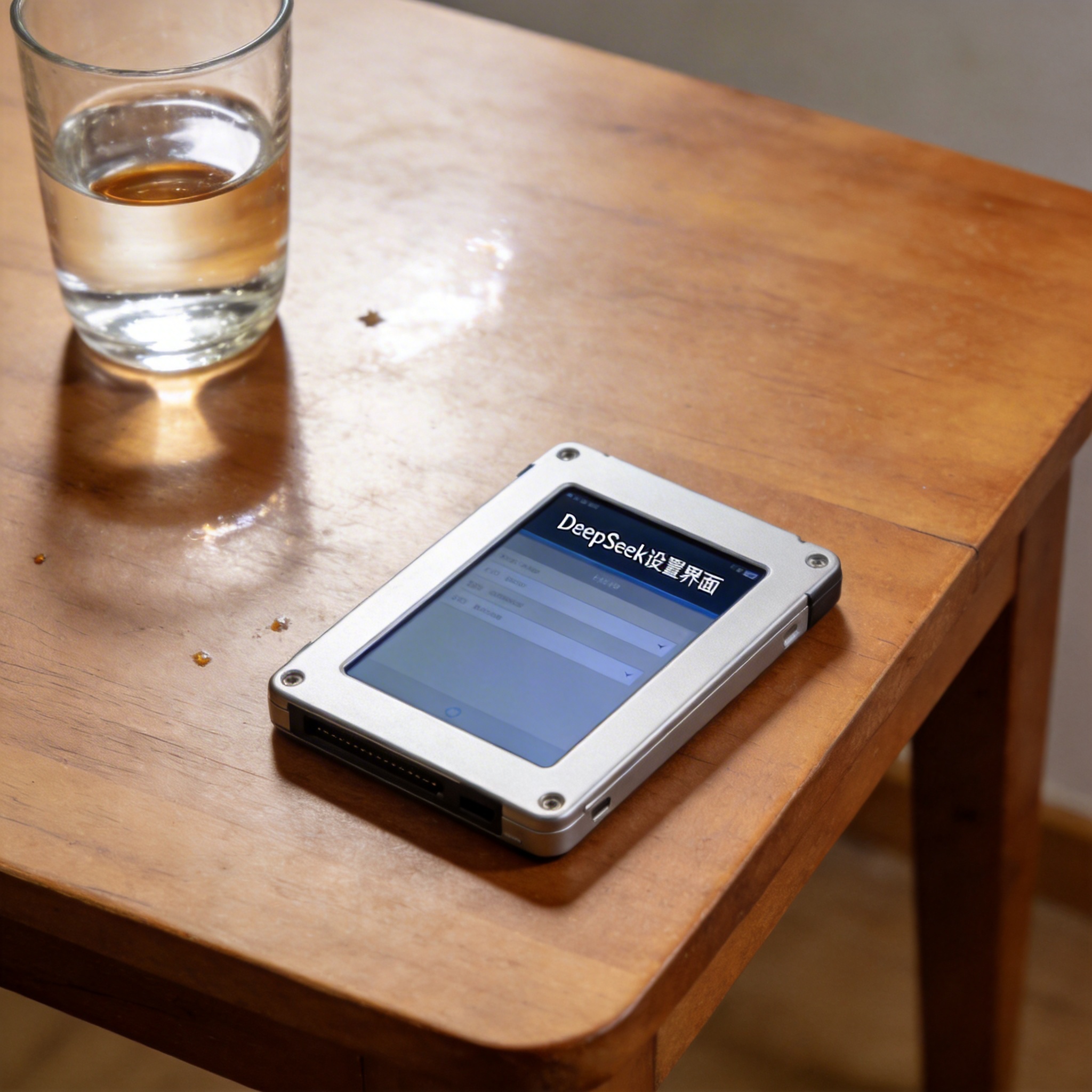 书桌上的硬盘，屏幕显示DeepSeek设置界面，桌角放着水杯，自然光