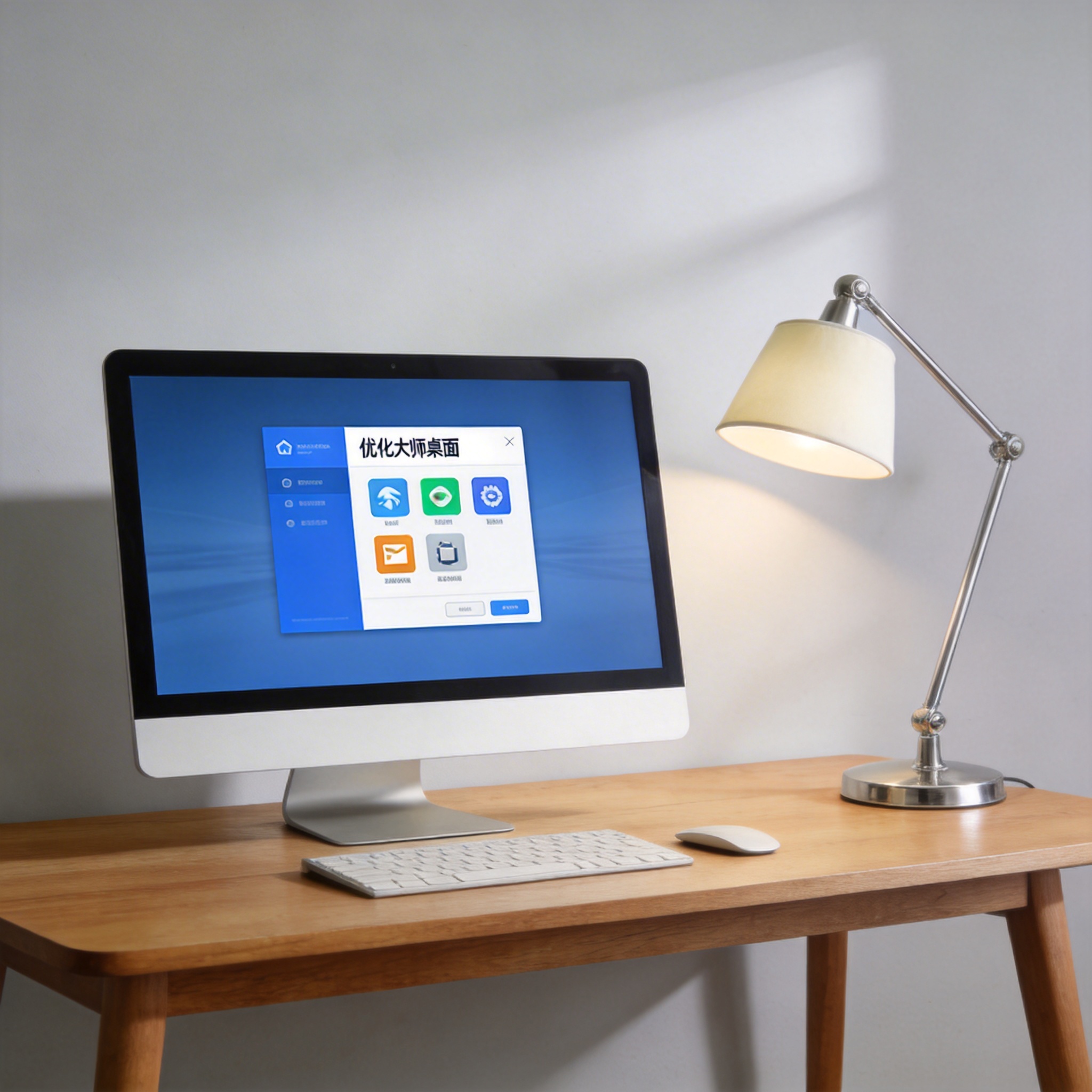 电脑桌上的电脑，屏幕显示优化大师桌面，旁边放着台灯