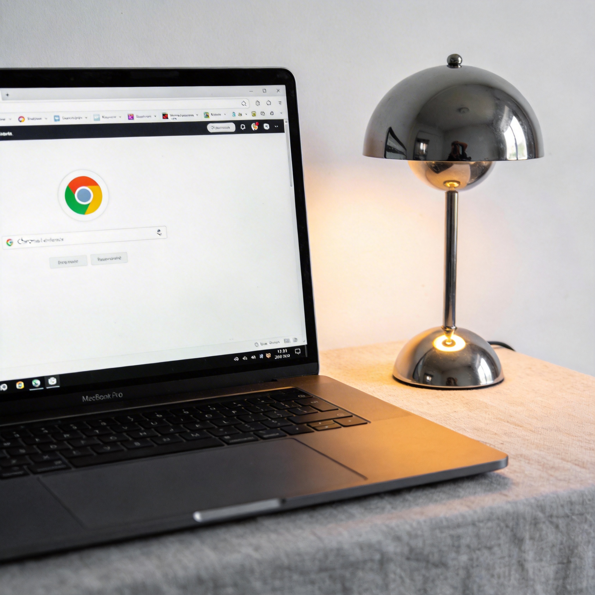 电脑桌上的电脑，屏幕显示Chrome界面，旁边放着台灯