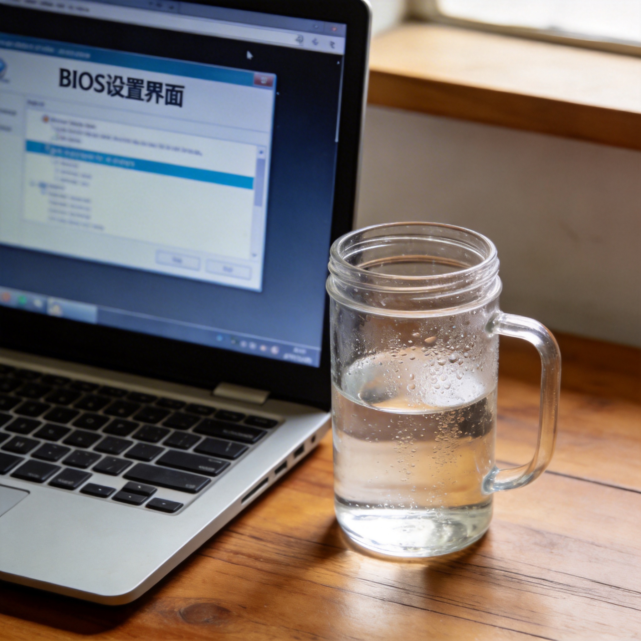 书桌上的笔记本，屏幕显示BIOS设置界面，桌角放着水杯，自然光