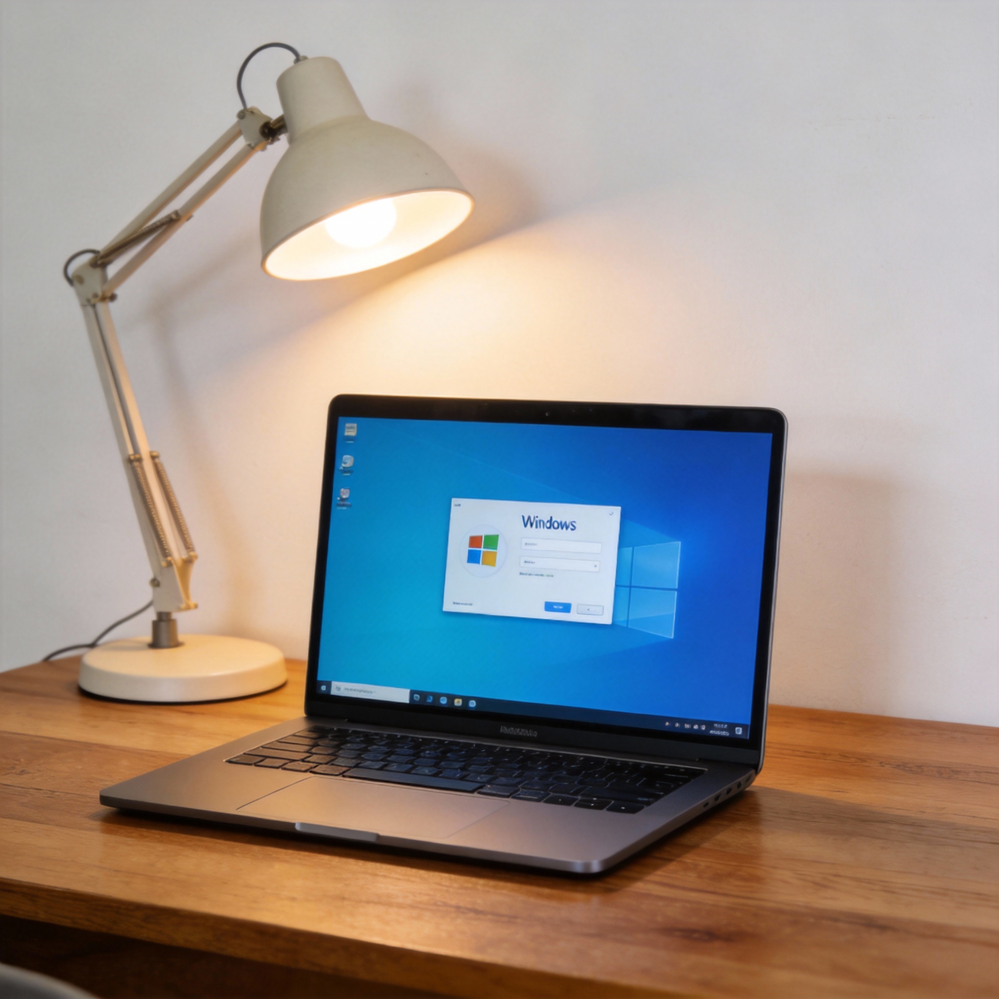 电脑桌上的笔记本,屏幕显示Windows分区,旁边放着台灯 电脑桌上的笔记本,屏幕显示Windows分区,旁边放着台灯