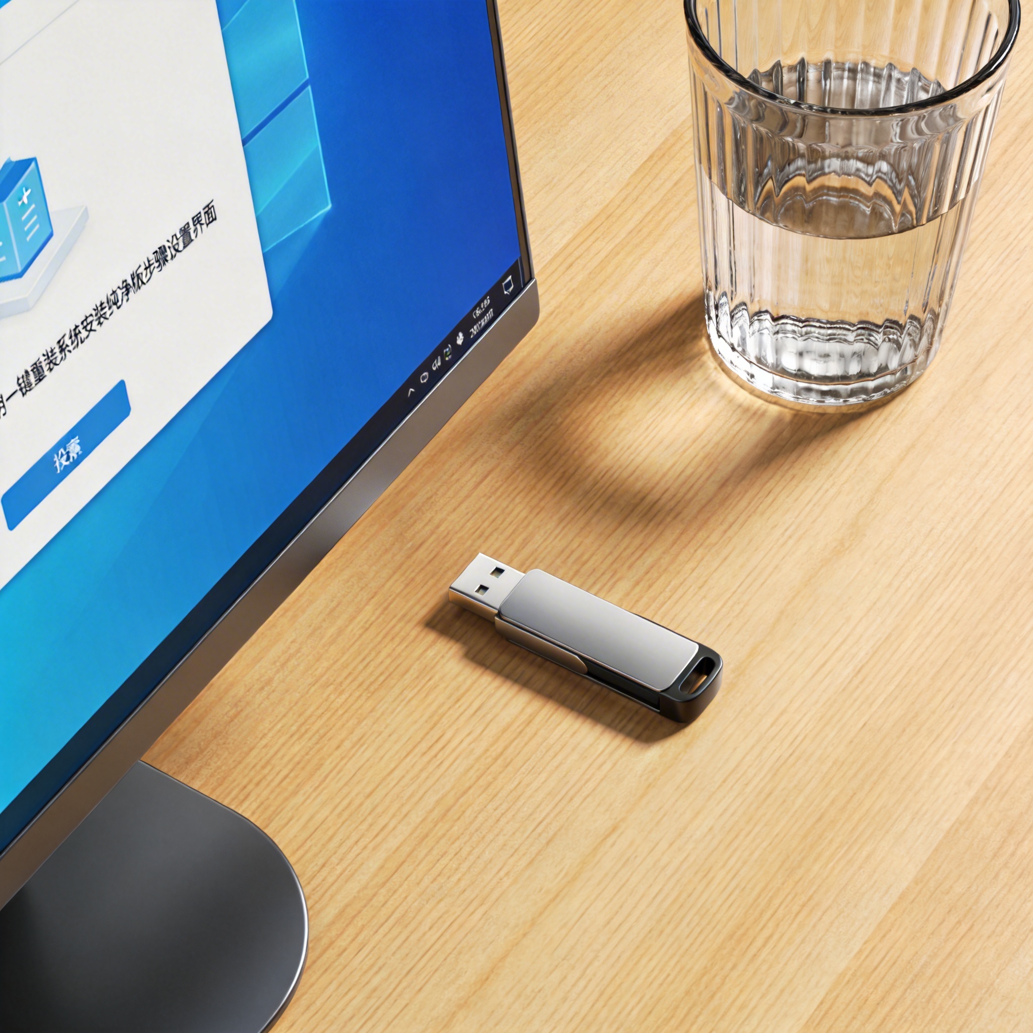 书桌上的U盘，屏幕显示一键重装系统安装纯净版步骤设置界面，桌角放着水杯，自然光