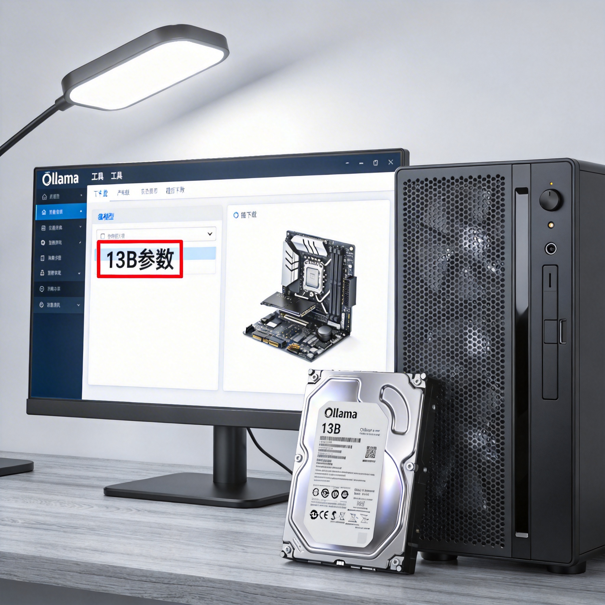 桌面的台式机，屏幕显示Ollama工具的模型下载界面，标注13B参数选项，主机旁放着备用硬盘，台灯冷光