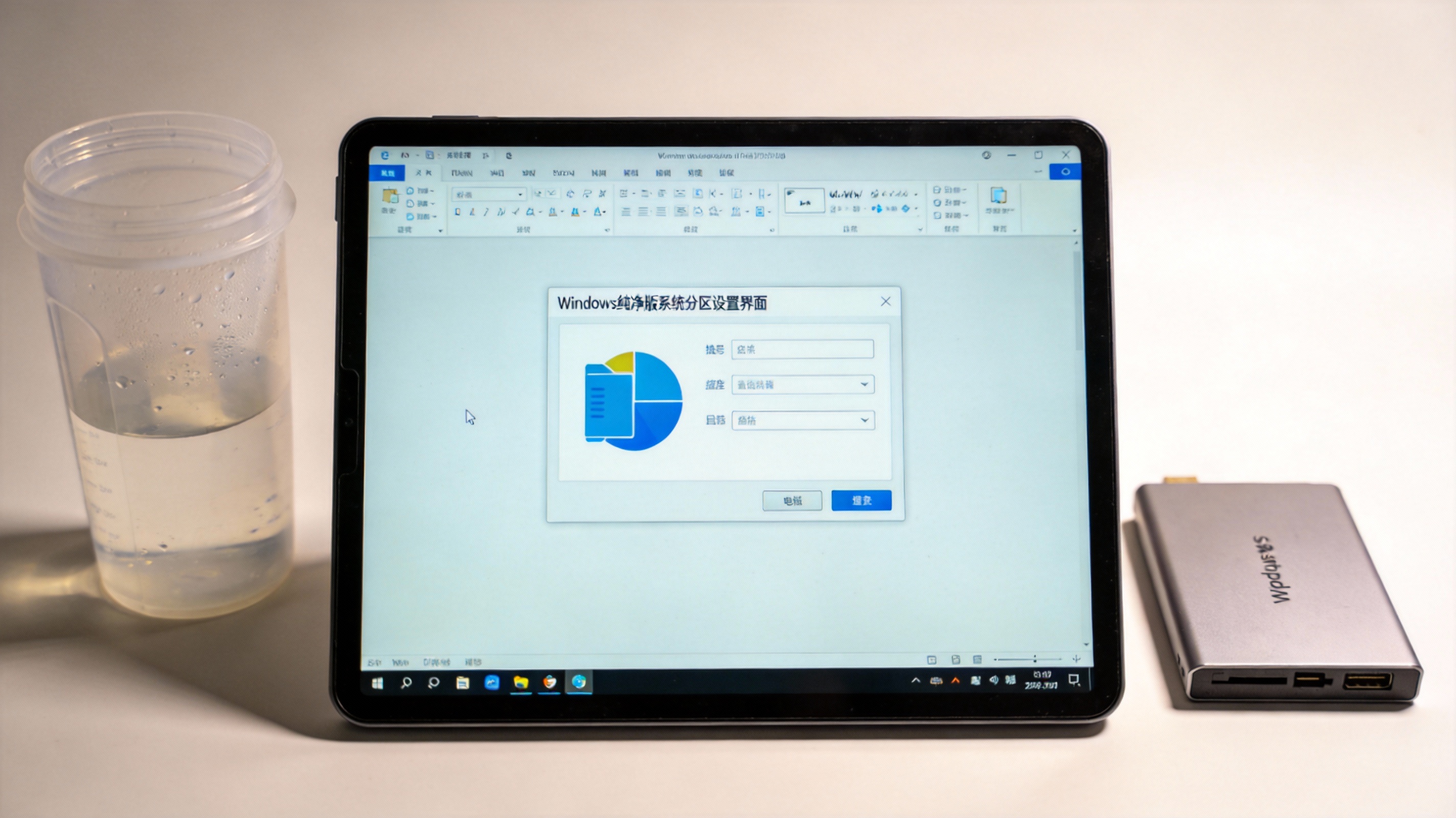 台式电脑桌面,屏幕显示Windows纯净版系统分区设置界面,旁边放着移动硬盘和半透明塑料水杯,屏幕光照明 台式电脑桌面,屏幕显示Windows纯净版系统分区设置界面,旁边放着移动硬盘和半透明塑料水杯,屏幕光照明