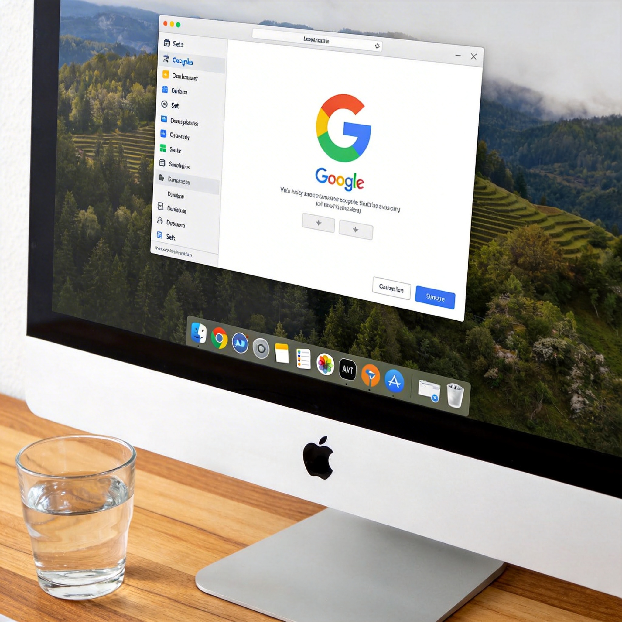 书桌上的主机，屏幕显示谷歌浏览器设置界面，桌角放着水杯，自然光