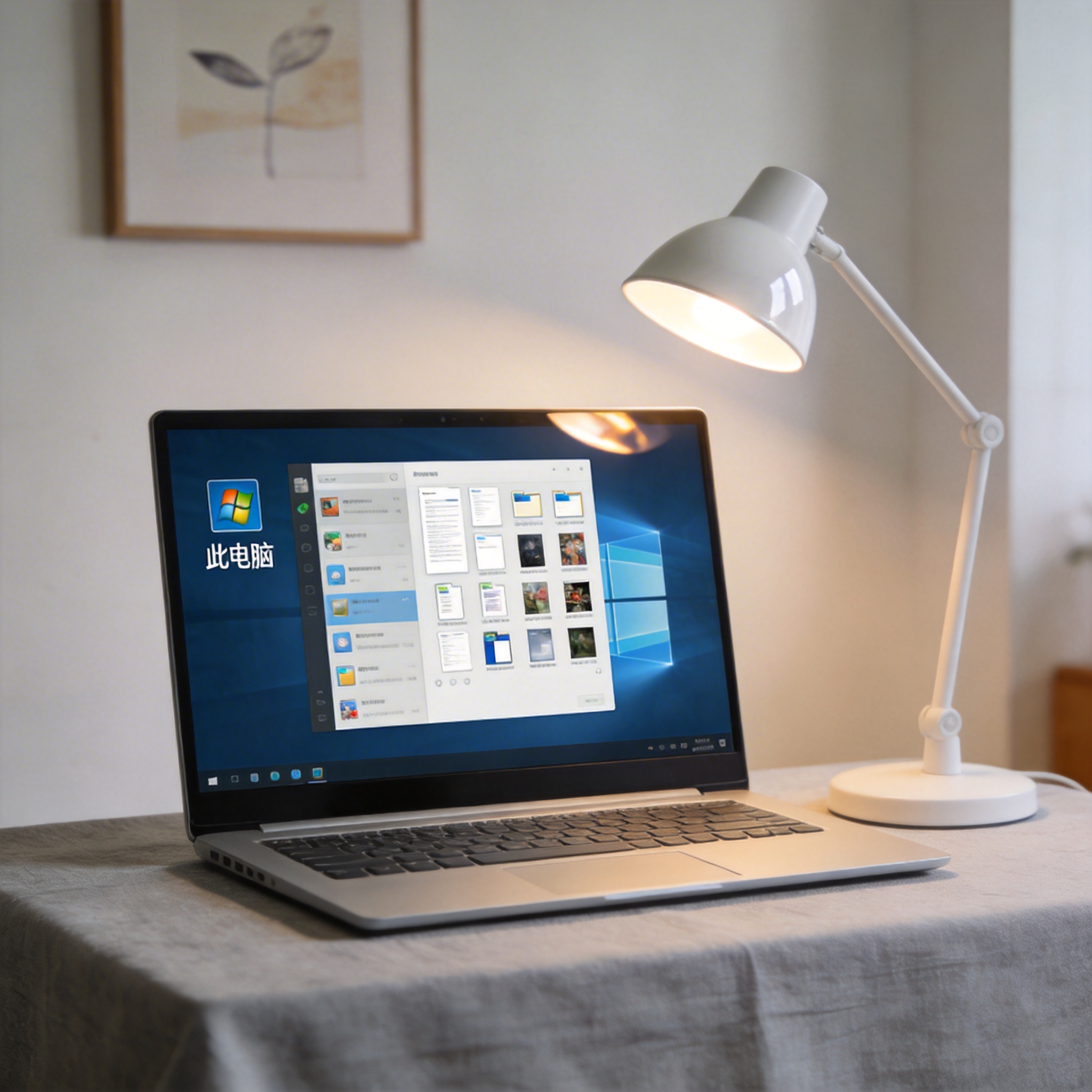 电脑桌上的电脑，屏幕显示Windows分区，旁边放着台灯