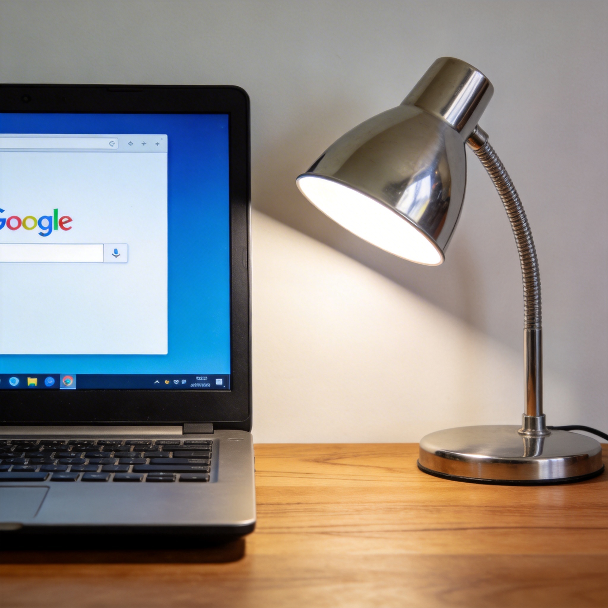 电脑桌上的电脑，屏幕显示谷歌浏览器界面，旁边放着台灯