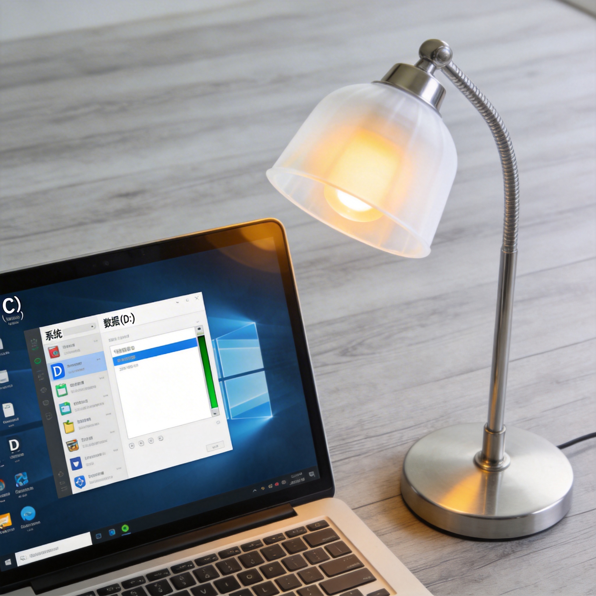 电脑桌上的电脑，屏幕显示Windows分区，旁边放着台灯