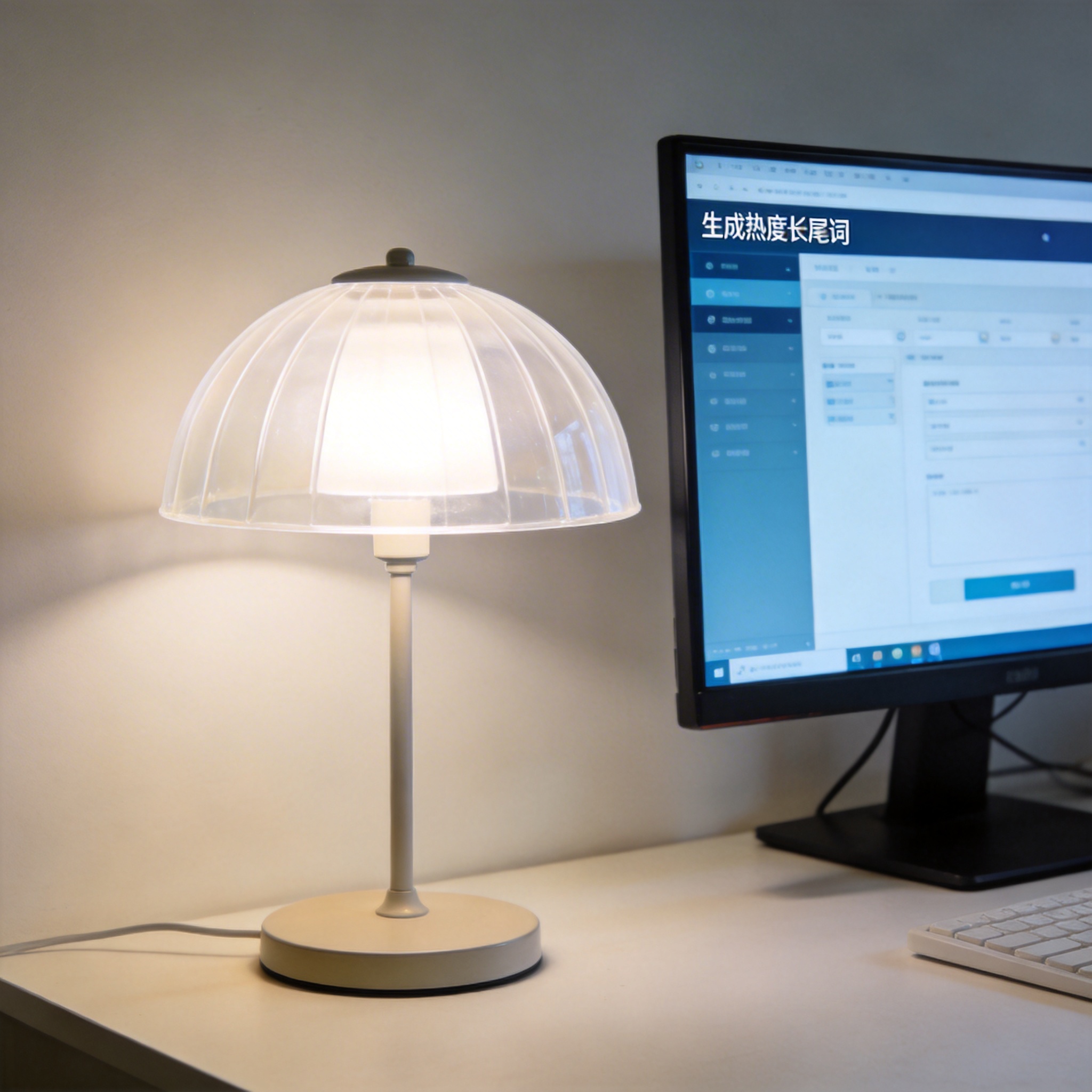 电脑桌上的电脑，屏幕显示生成热度长尾词界面，旁边放着台灯